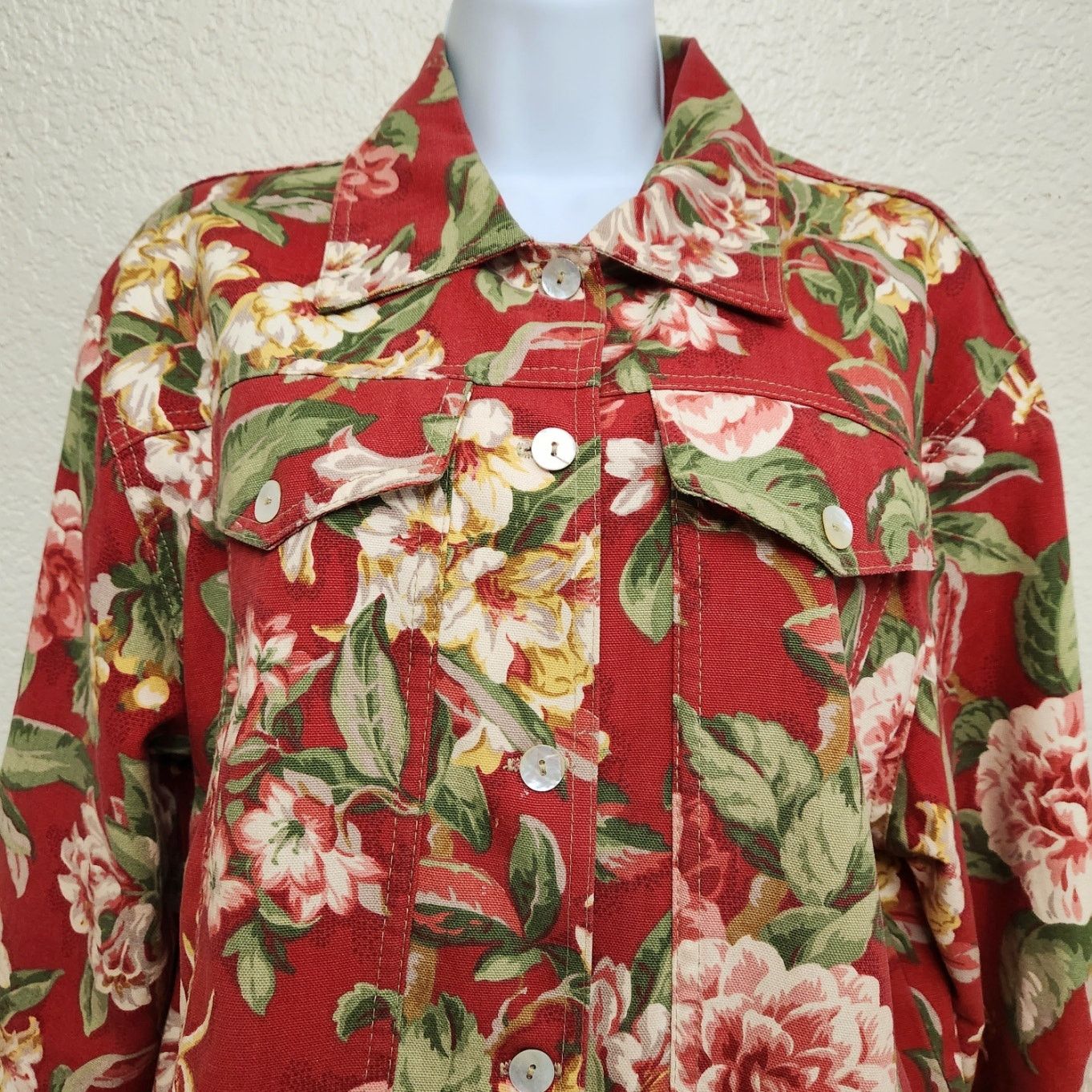 Norm Thompson Vintage Burnt Orange Floral Print Button Denim Jacket Large Size L / US 10 / IT 46 - 2 Thumbnail