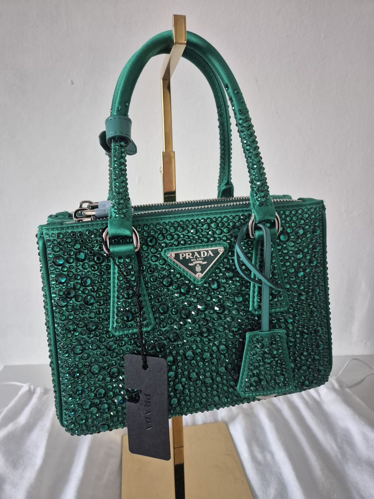 Prada Galleria Satin Mini-Bag With Crystals in Green, Women's