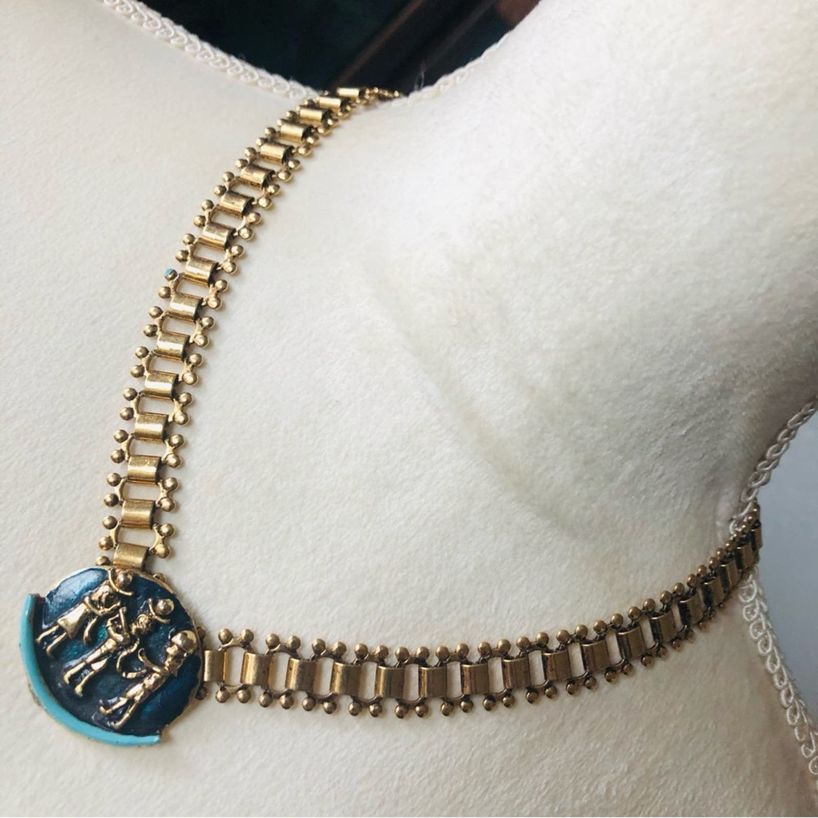 image of Vintage Diorios Egyptian Revival Enamel Book Chain Necklace in Gold, Women's