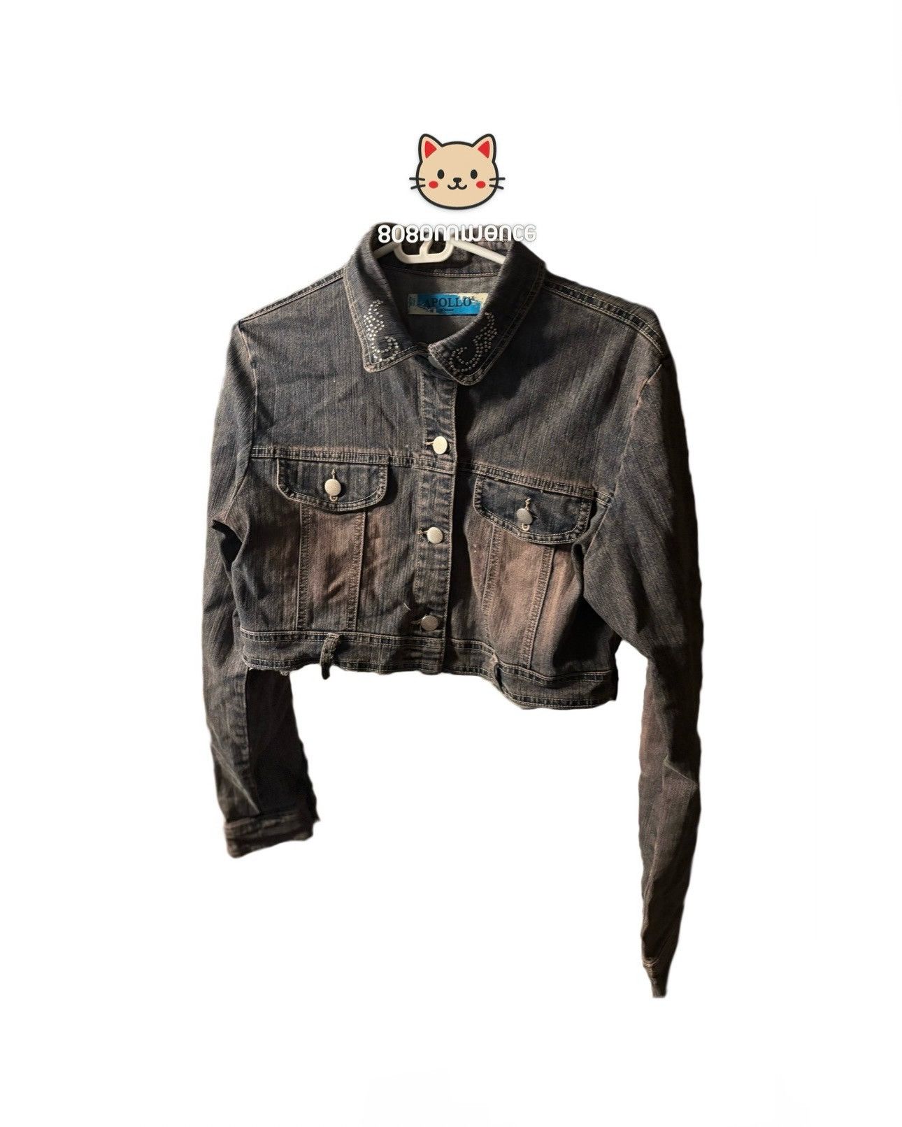 Apollo Vintage Rhinestone Motorcycle Cropped Denim Jacket Grunge Size L / US 10 / IT 46 - 1 Thumbnail
