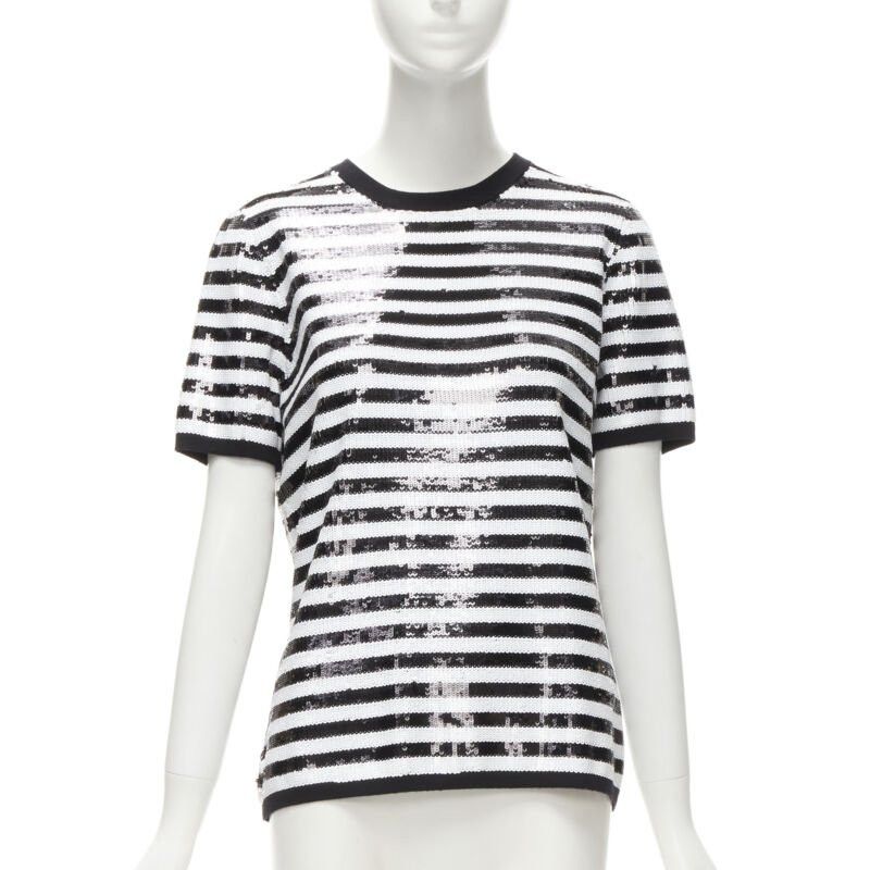 Michael Kors MICHAEL KORS COLLECTION 100% merino wool black white sequins striped boxy top XS Size XS / US 0-2 / IT 36-38 - 1 Thumbnail