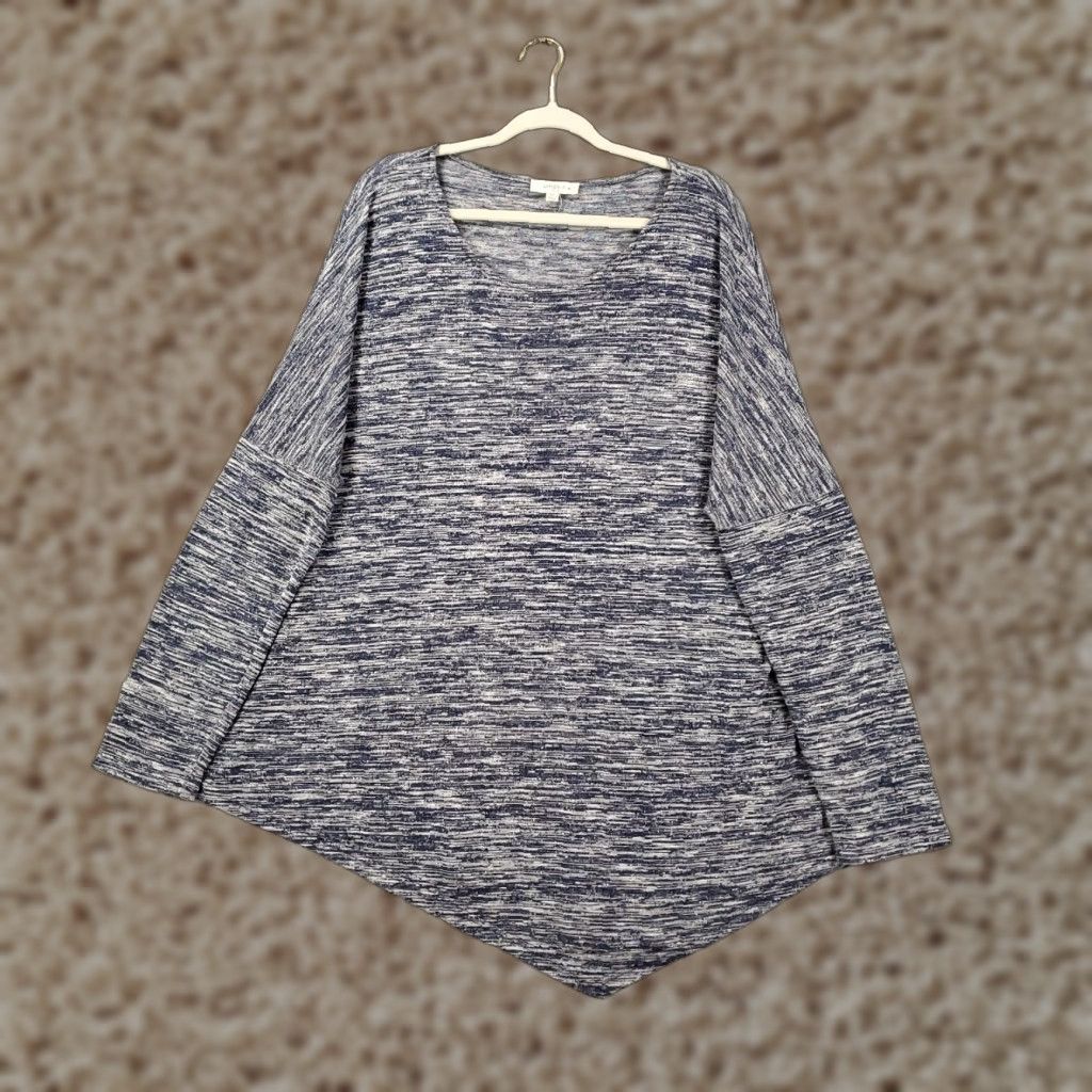 Vintage Womens Tunic Top XL Blue White Heathered Asymmetric Hem Long Sleeve Tunic Blouse Bohemian Knit Cotton Blend Polyester Round Neck Pullover Casual Size XL / US 12-14 / IT 48-50 - 1 Thumbnail