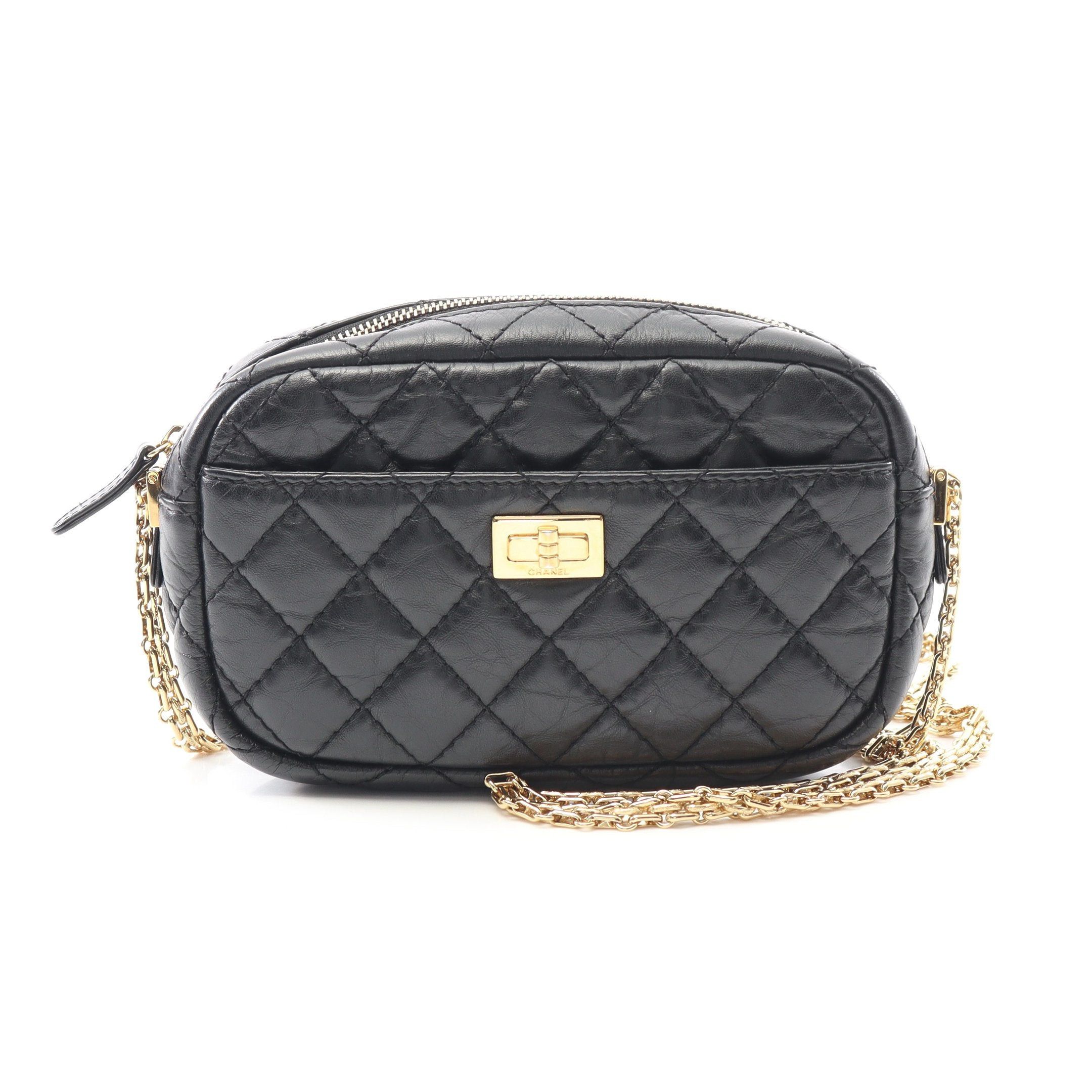 Chanel 2.55 Chevron V-Stitch Camera Bag Chain Shoulder Aged Calfskin Black Gold Hardware, Women's