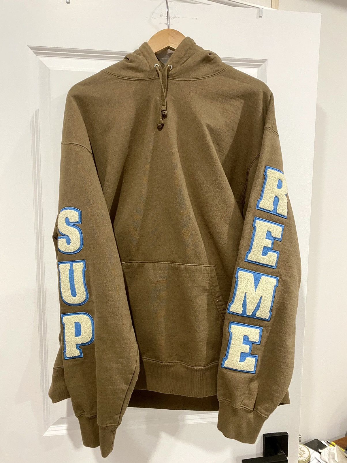 image of Supreme Chenille Hooded Sweatshirt in Dark Olive, Men's (Size XL)