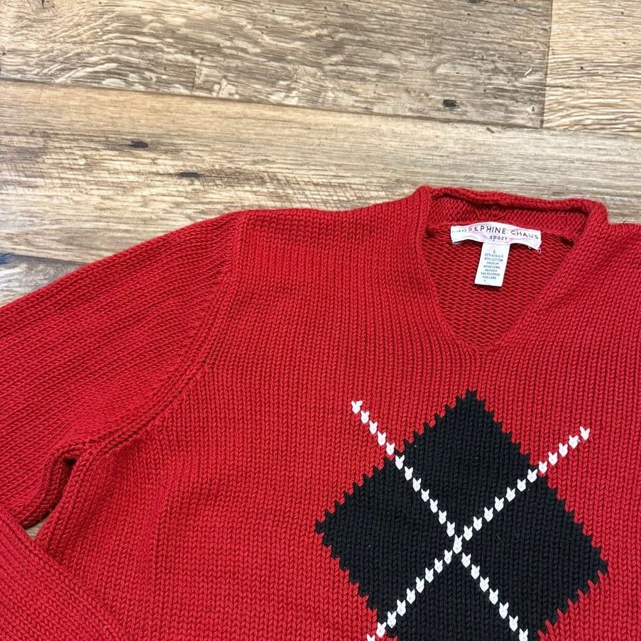 Vintage Vintage 90s Argyle Red Knit V-Neck Sweater Size L / US 10 / IT 46 - 2 Thumbnail