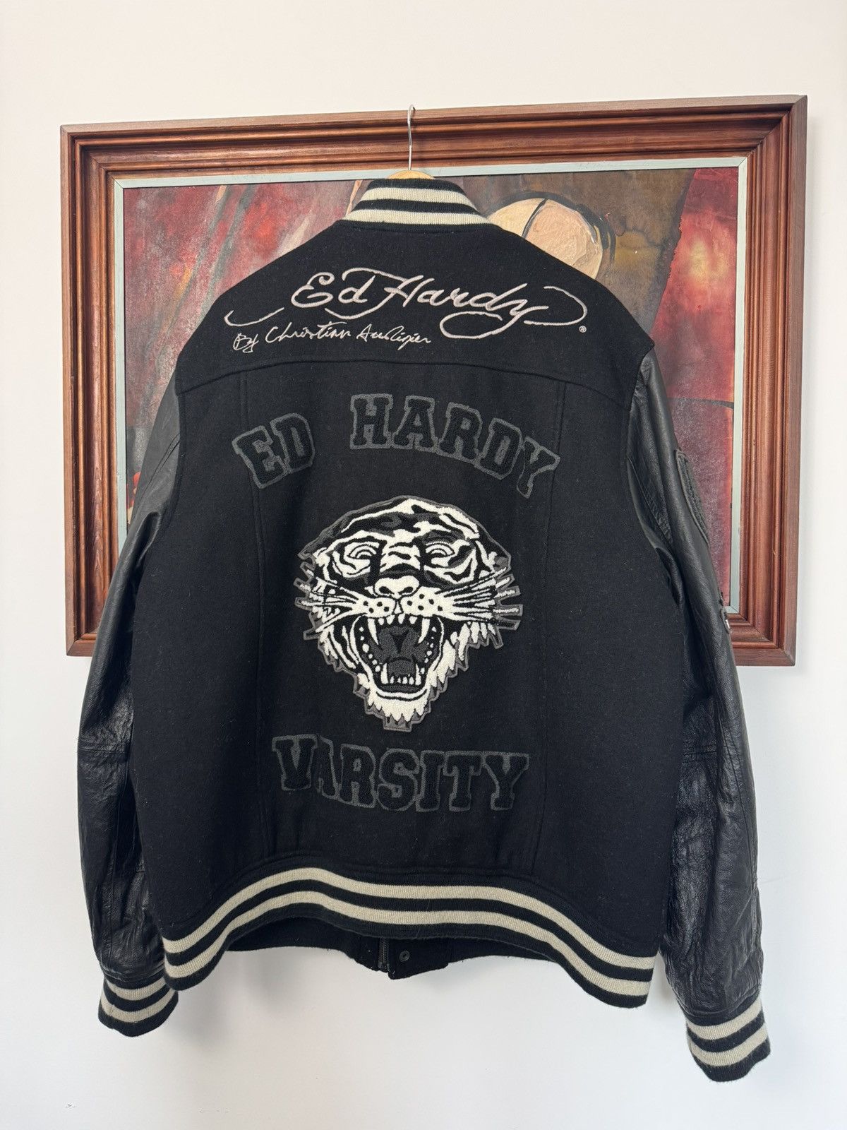 Vintage Ed Hardy Christian Audigier Leather Varsity Jacket