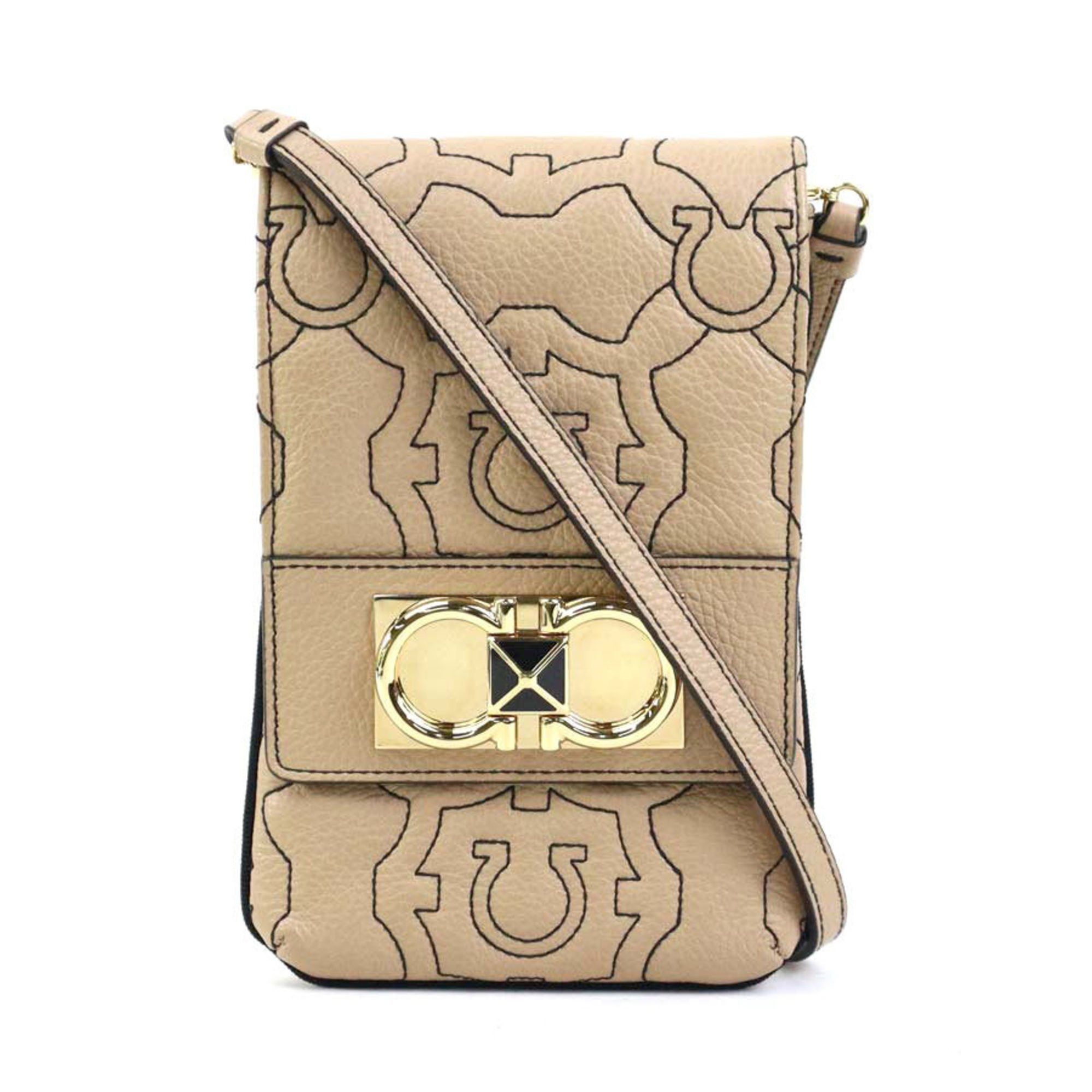 Salvatore Ferragamo Shoulder Bag Phone Holder Pouch Gancini Leather Beige Black Gold Women's E60216A