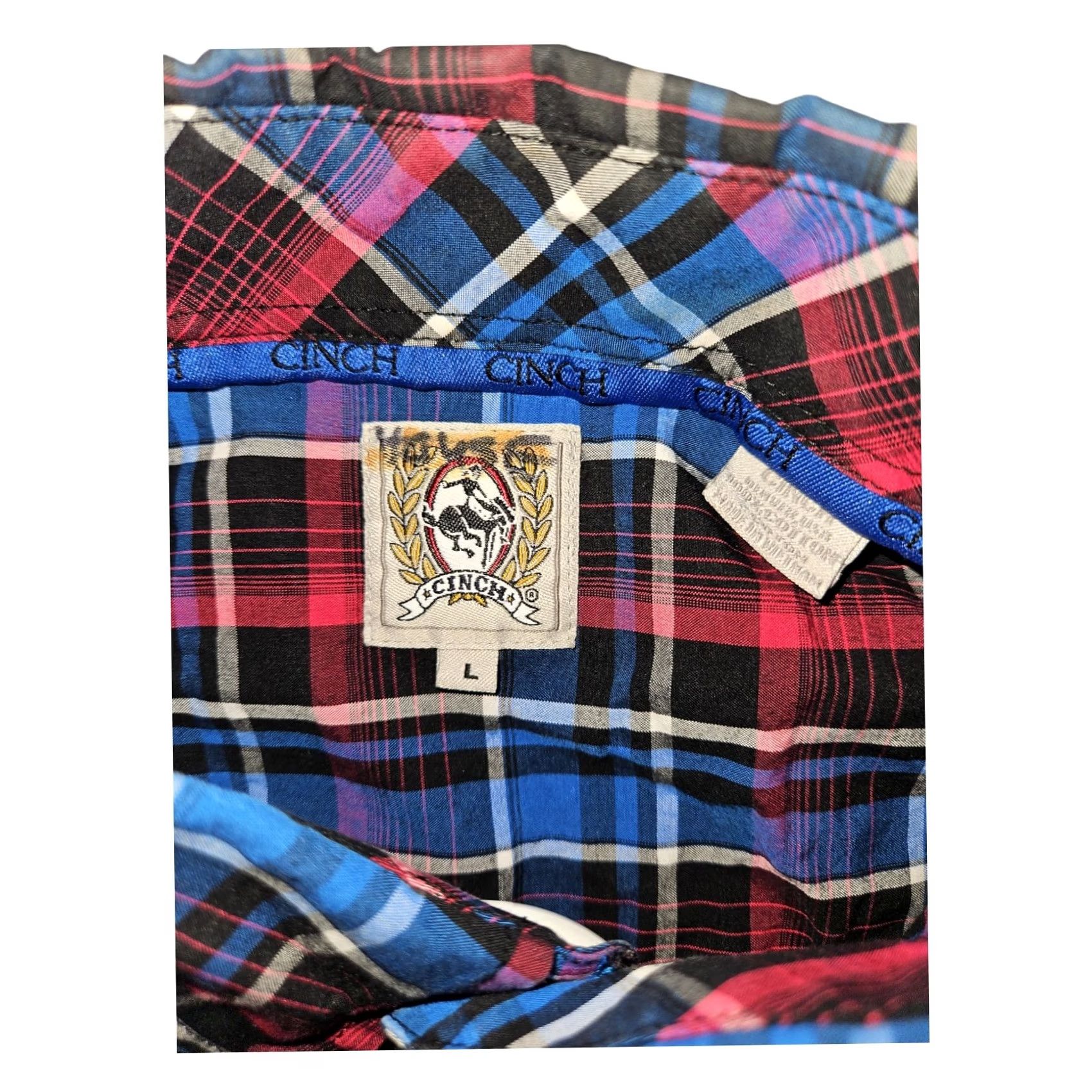 Vintage Cinch Shirt Short Sleeve Button-Down Men's L Blue Plaid Western Cowboy Embroidered Pocketed 100% Cotton Size US L / EU 52-54 / 3 - 2 Thumbnail