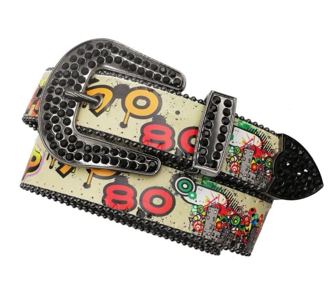 Japanese Brand × Leather Graffiti Black Rhinestone PU Leather Belt Size ONE SIZE - 4 Thumbnail