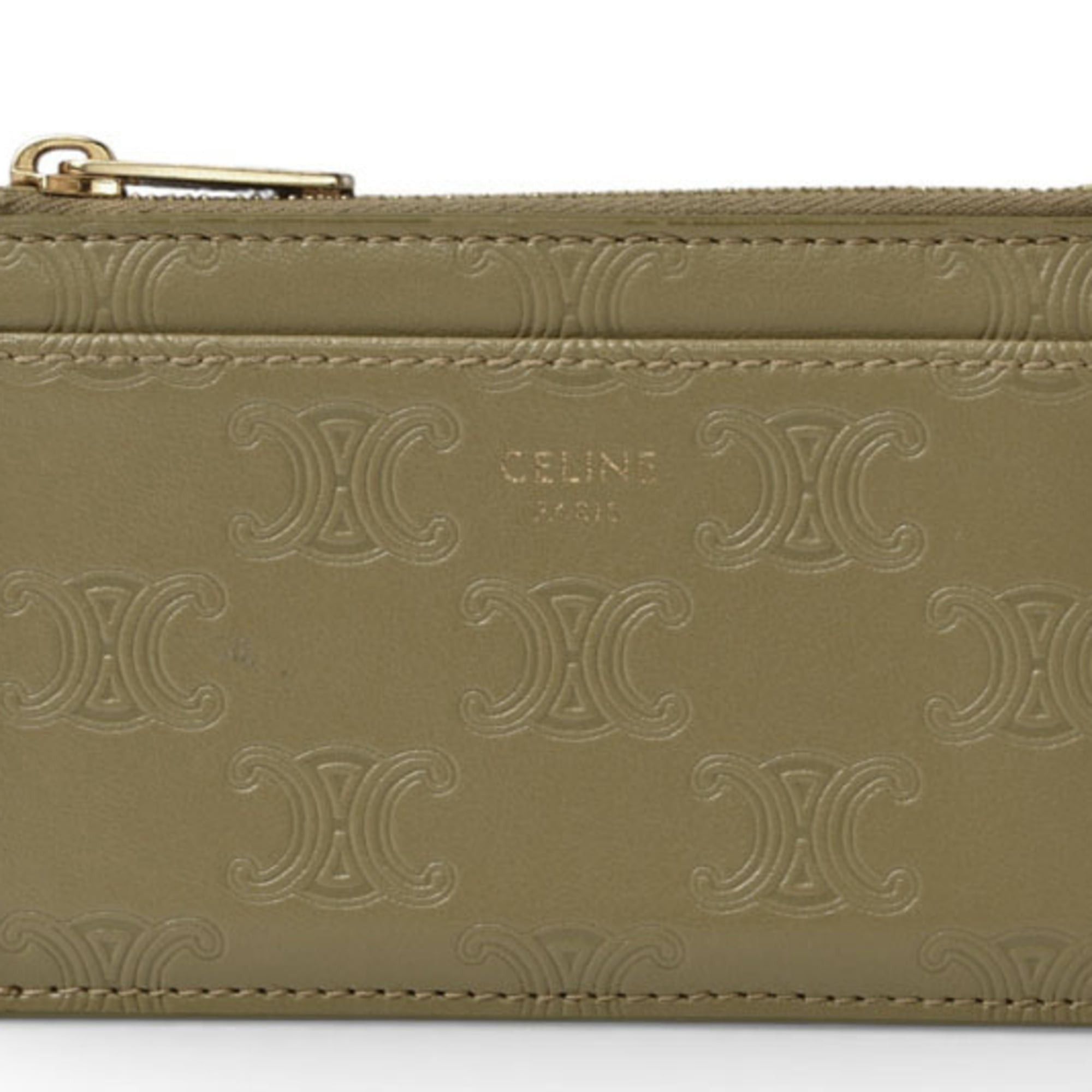 Celine coin case and card holder CELINE zip-up holder with Triomphe embossed pattern in olive 10F993BFU.31OV