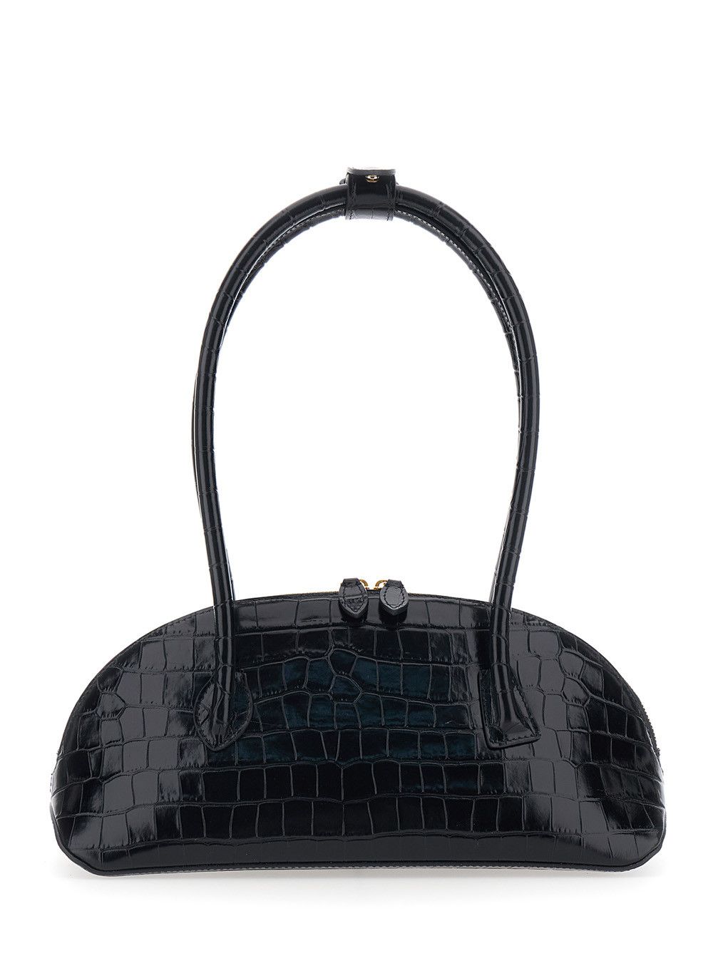 'Ew Dome' Black Shoulder Bag with Round Top Handles and Crocodile Effect in Leather Woman