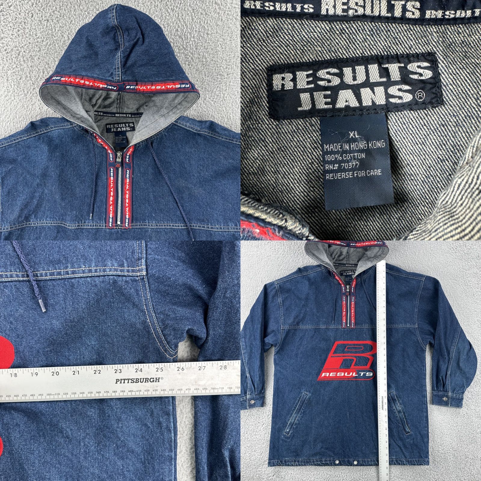 Vintage VINTAGE Results Jeans XL Embroidered Blue Denim Hooded 1/4 Zip Anorak Jacket 90s Mens Size US 36 / EU 52 - 8 Thumbnail