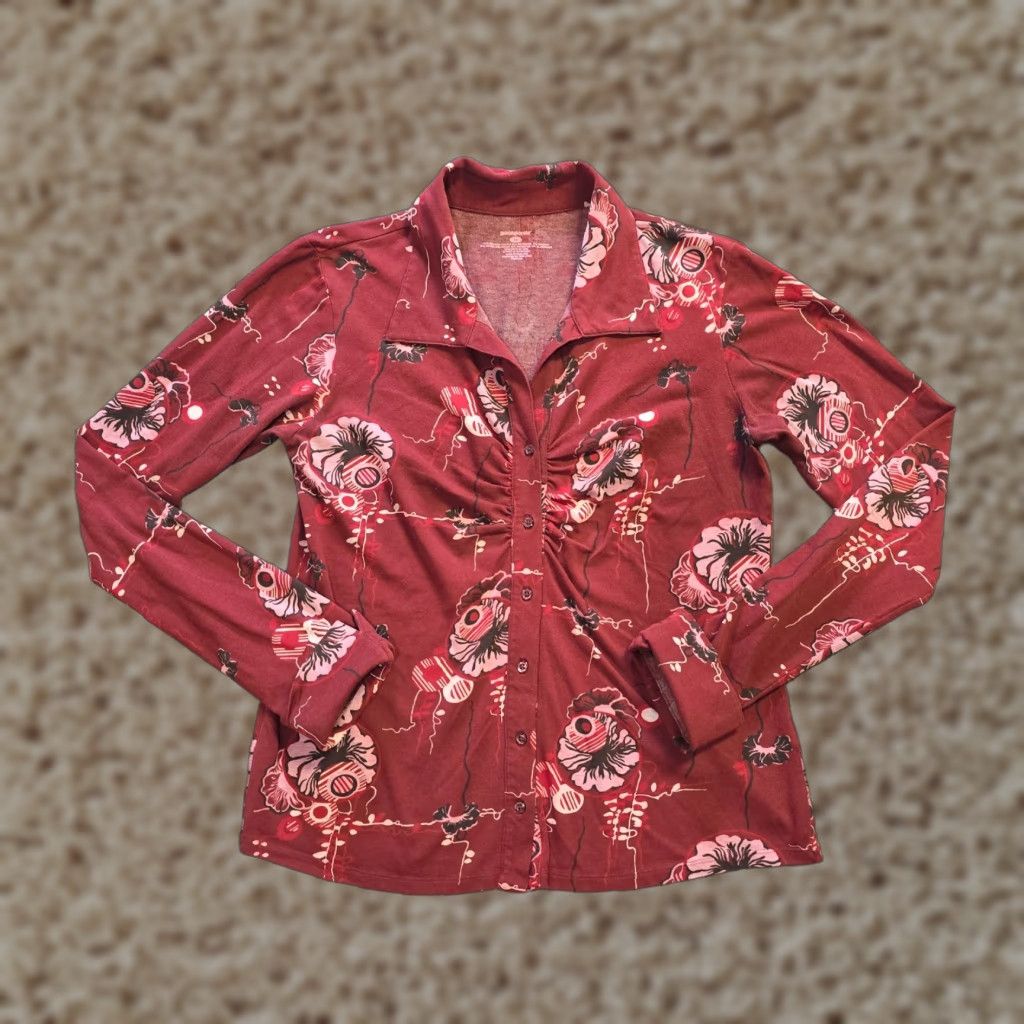 Patagonia Patagonia Top Womens Button-Up Shirt Casual Floral Red Medium Knit Stretch Ruched Cotton Polyester Regular Size M Size M / US 6-8 / IT 42-44 - 1 Thumbnail