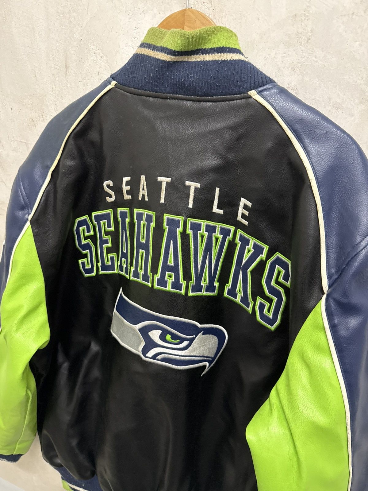 NFL Distressed Seattle Seahawks Leather Varsity Jacket Size US XXL / EU 58 / 5 - 7 Thumbnail