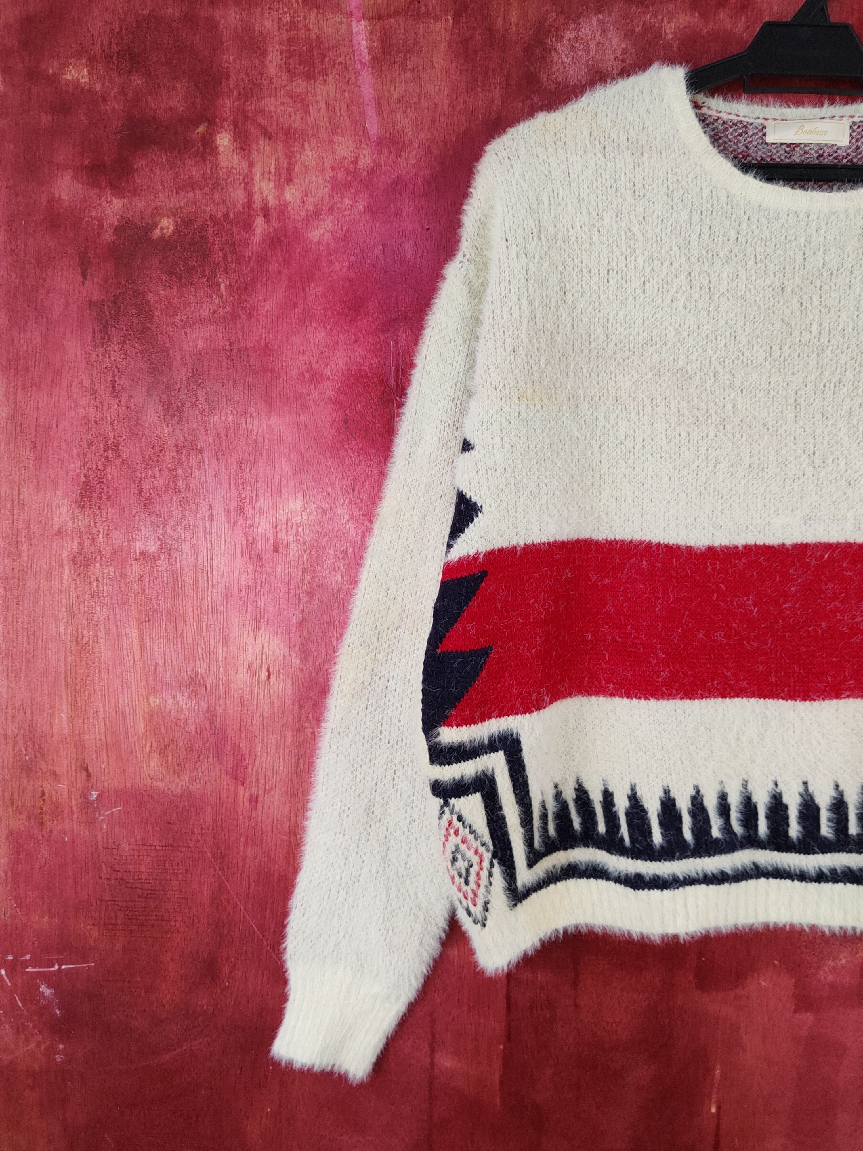 Homespun Knitwear × Japanese Brand Bohewi Cream Red Shag Shaggy Fur Mohair Knitwear #S2077 Size US M / EU 48-50 / 2 - 3 Thumbnail
