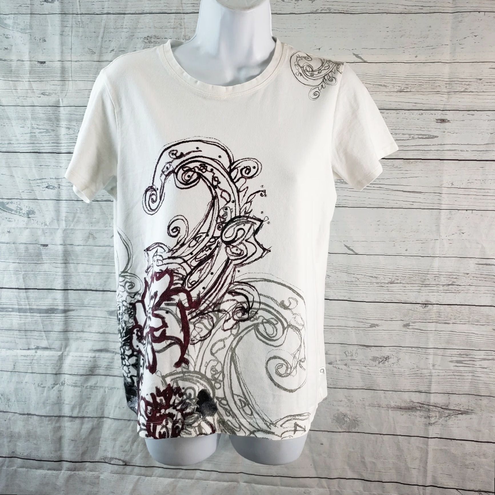 Vintage Chico's Zenergy Womens Tee Sz M Gray Maroon Embellished Short Sleeve Shirt Womens Size 32" / US 10 / IT 46 - 2 Thumbnail