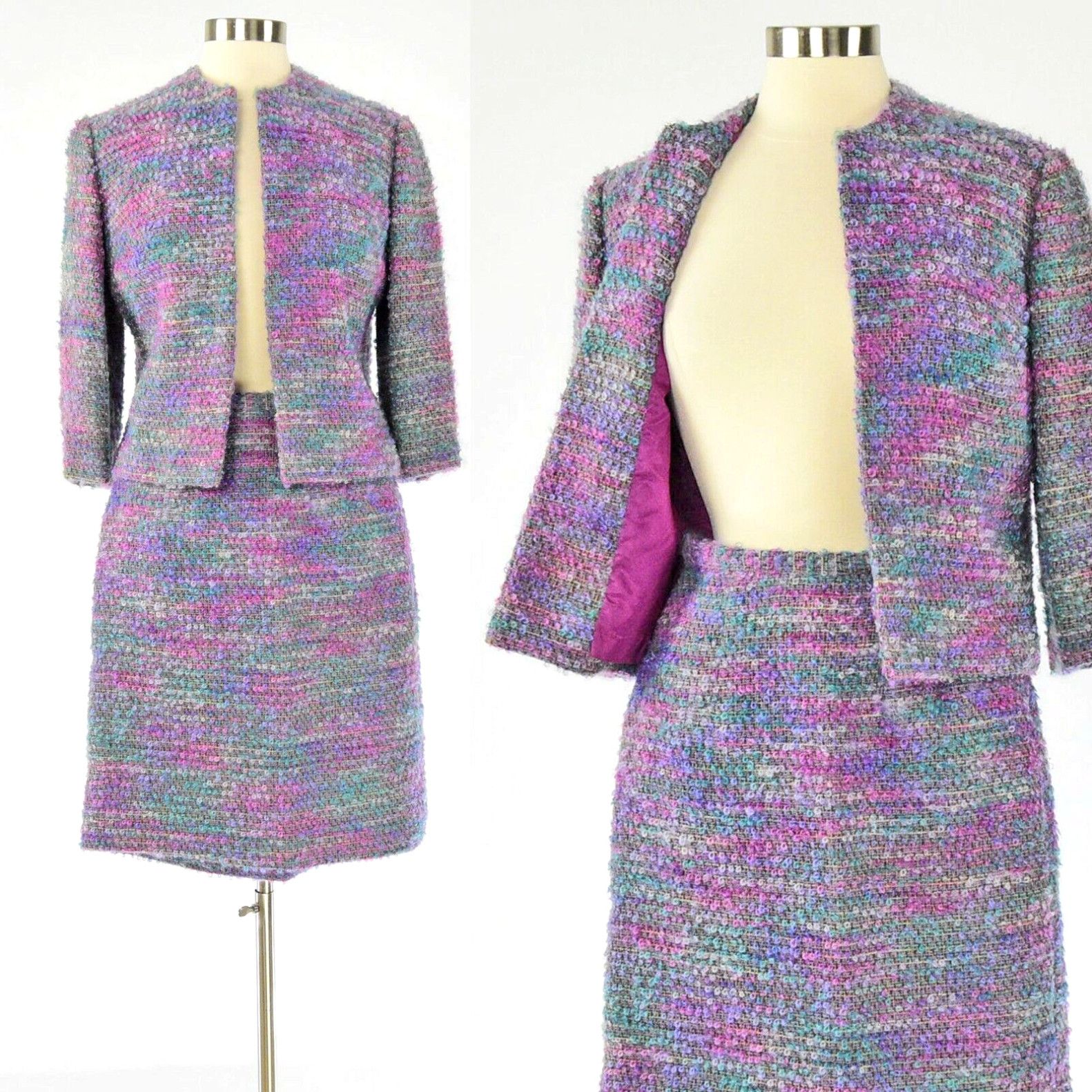 image of 60S Vintage Boucle Knit Skirt Suit 3/4 Sleeve Purple & Blue Cropped Jacket Small in White, Women's