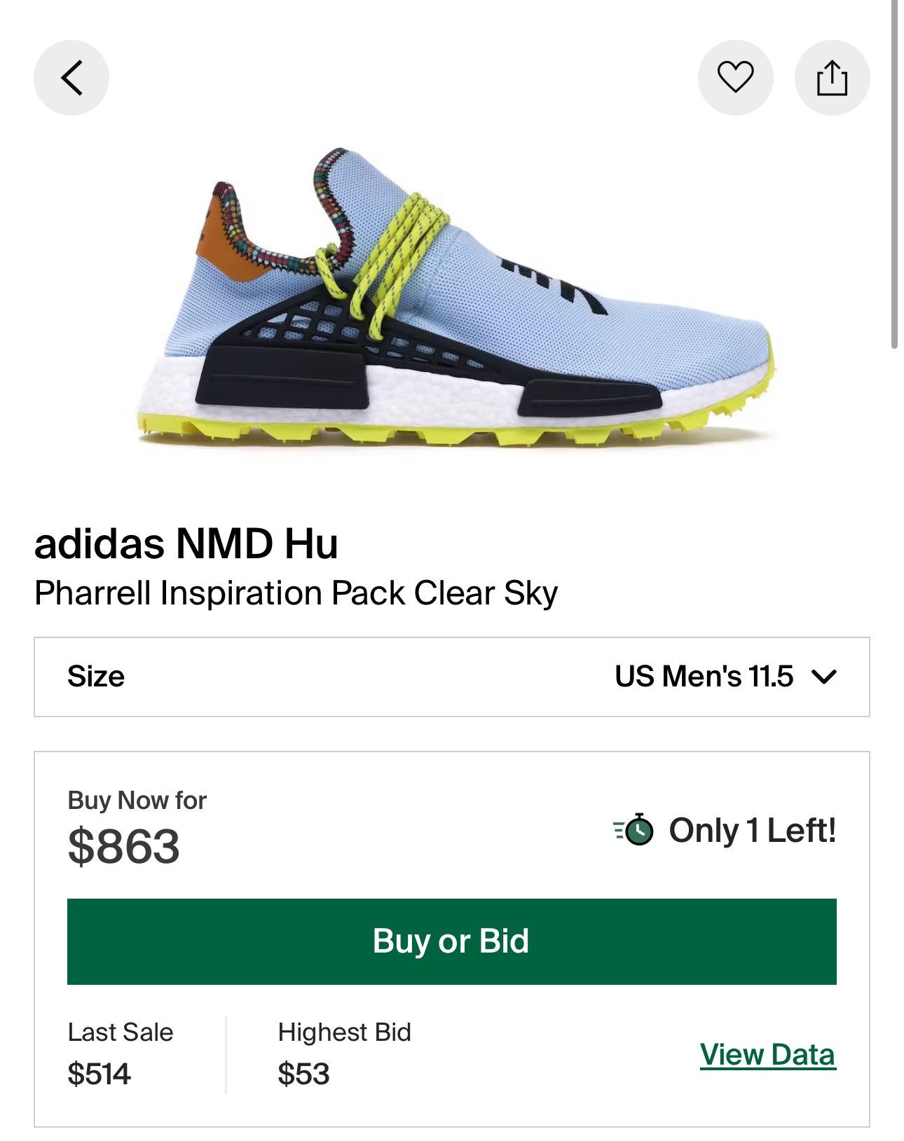 Adidas Pharrell Williams HU NMD (Clear Sky) discount Size 11.5