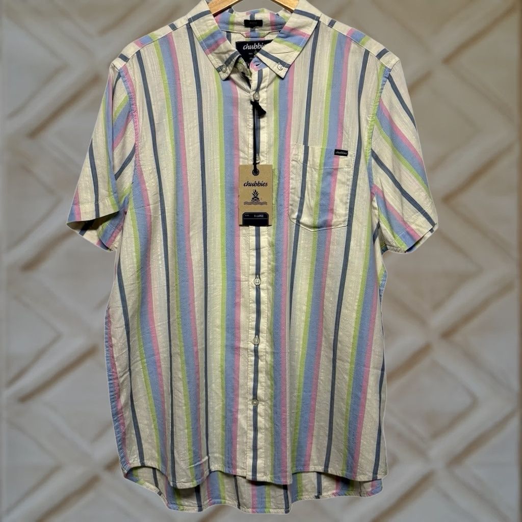 Chubbies Chubbies White Short Sleeve Button Up Shirt - Soft Serve Friday Stripes Size US XL / EU 56 / 4 - 1 Thumbnail
