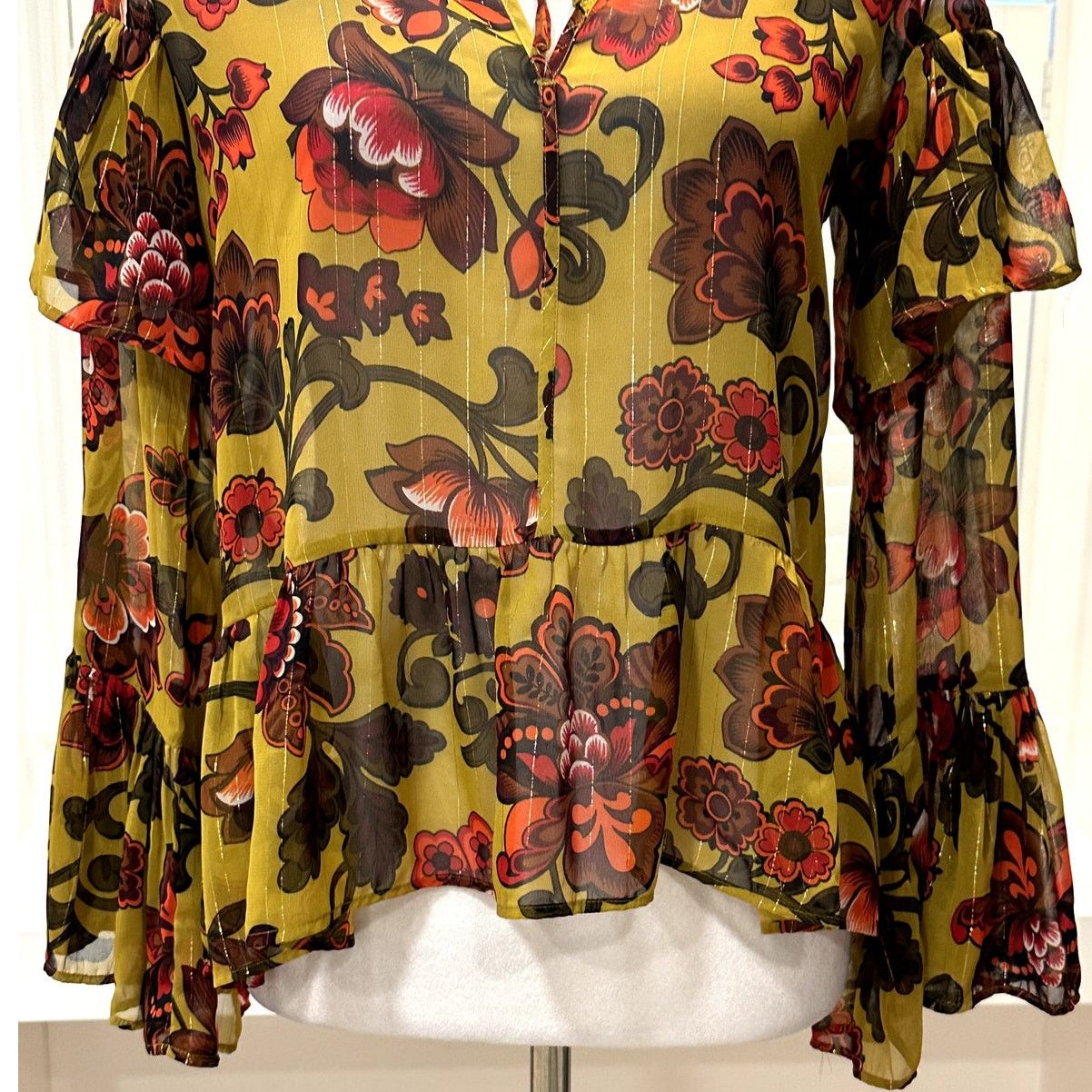 Loft Loft Women's Woodland Bell Sleeve Yellow Floral Sheer XXS Size XXS / US 00 / IT 34 - 4 Thumbnail