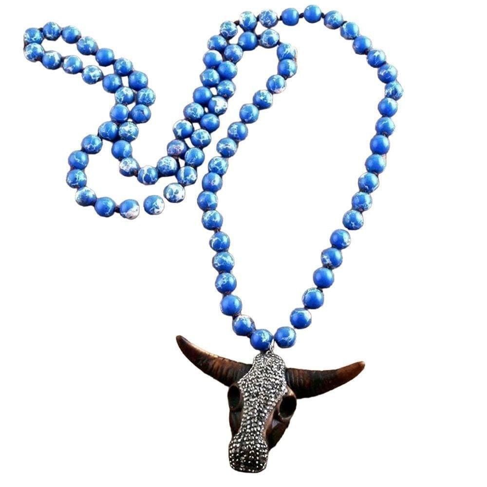 Other Boho Western Cow Skull Necklace Womens Knotted Blue Stone Size ONE SIZE - 1 Thumbnail