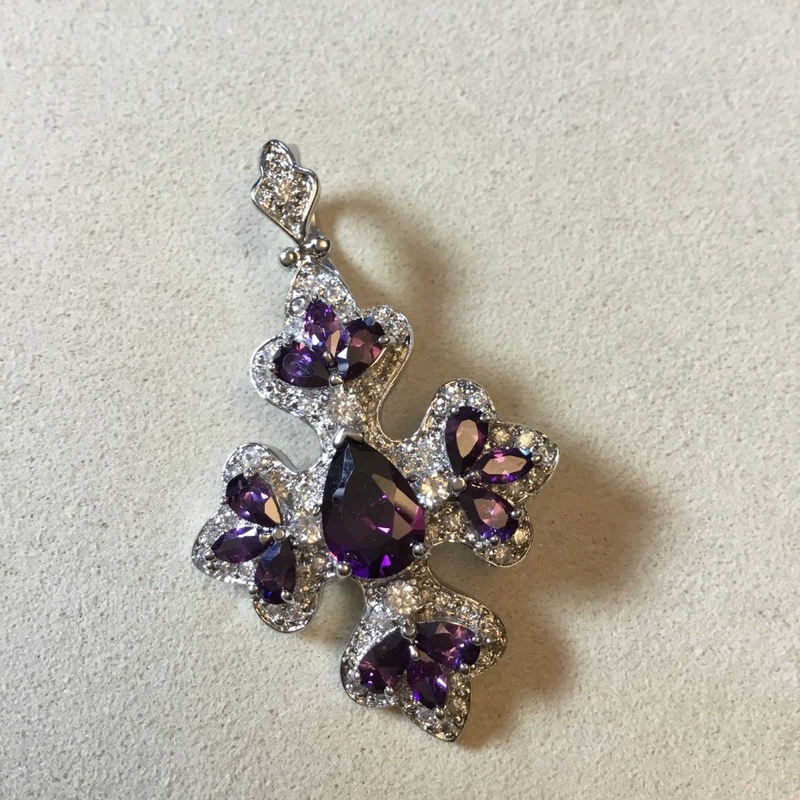 image of Sterling Silver Beautiful Purple Flower Crystals Pendant, Women's