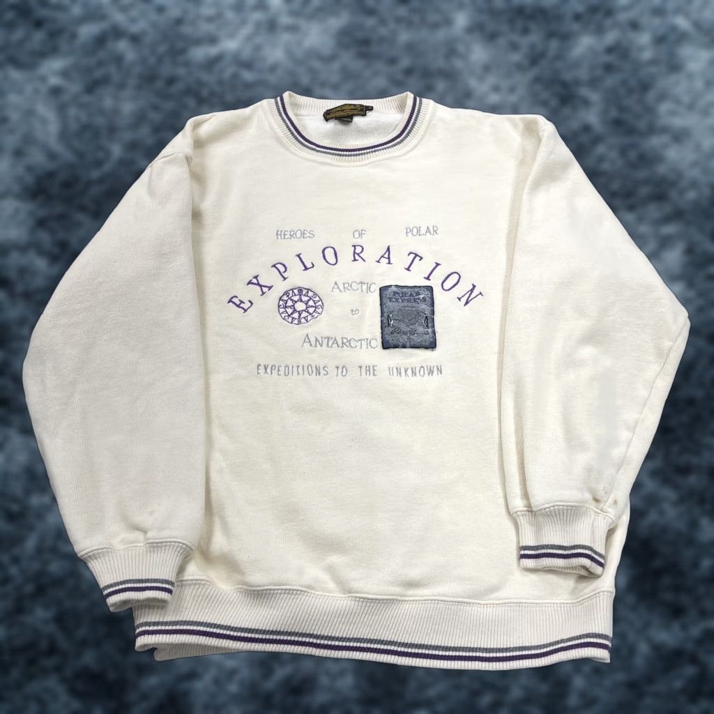 Eddie Bauer VINTAGE Eddie Bauer Sweatshirt Mens M Polar Express Ringer Crewneck 90s Ivory Cotton Fleece Logo Pullover Size US M / EU 48-50 / 2 - 1 Thumbnail