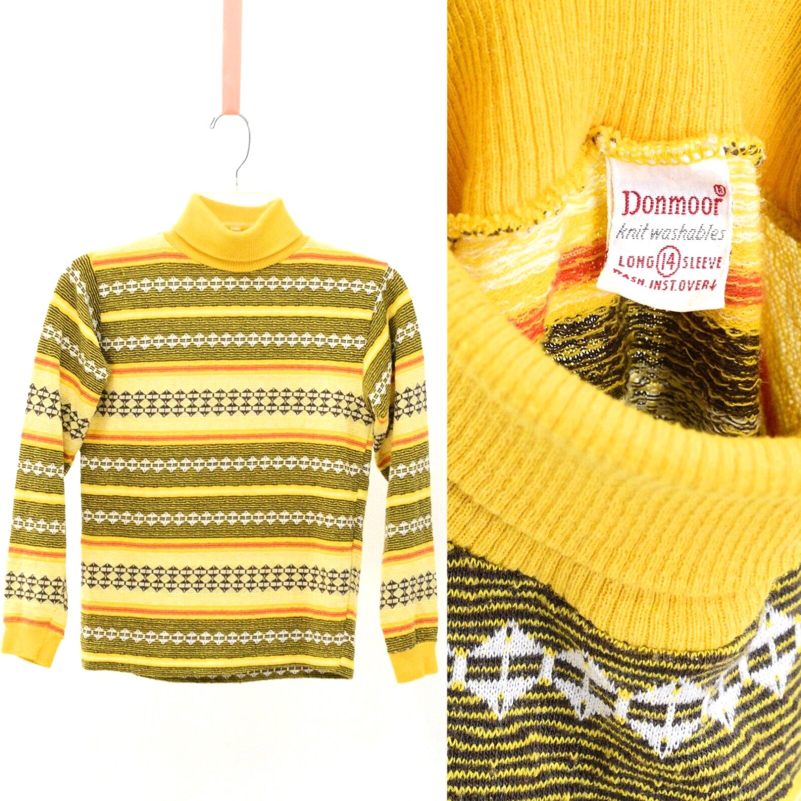 image of 60S Vintage Printed Ribbed Turtle Neck Top Womens Xs Striped Donmoor Gold Yellow in White