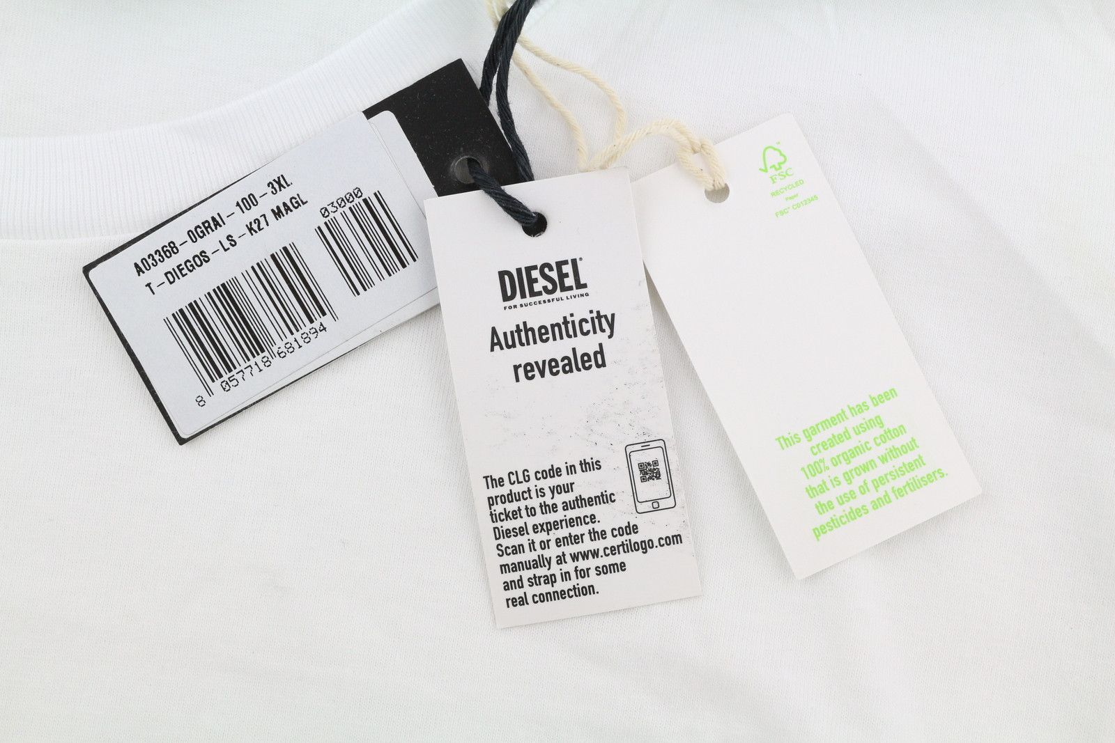 Diesel T-DIEGOS-LS-K27 3XL White Cotton Tricot T-Shirt 40992 Size US XXL / EU 58 / 5 - 9 Thumbnail