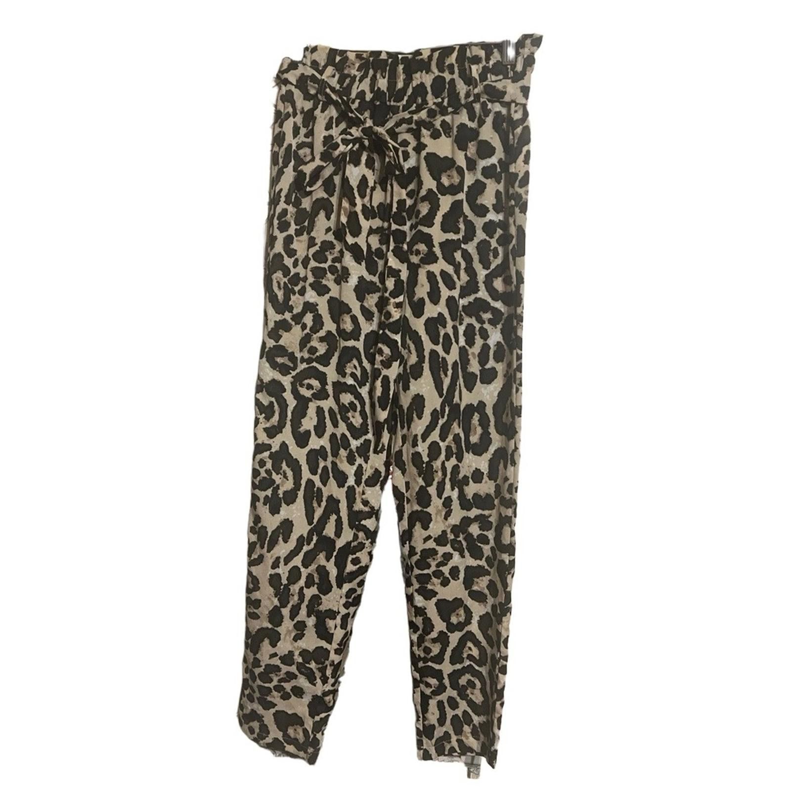 Other M Tan Black Leopard Straight Leg PaperBag Waist Tie Pants Size 32" / US 10 / IT 46 - 2 Thumbnail