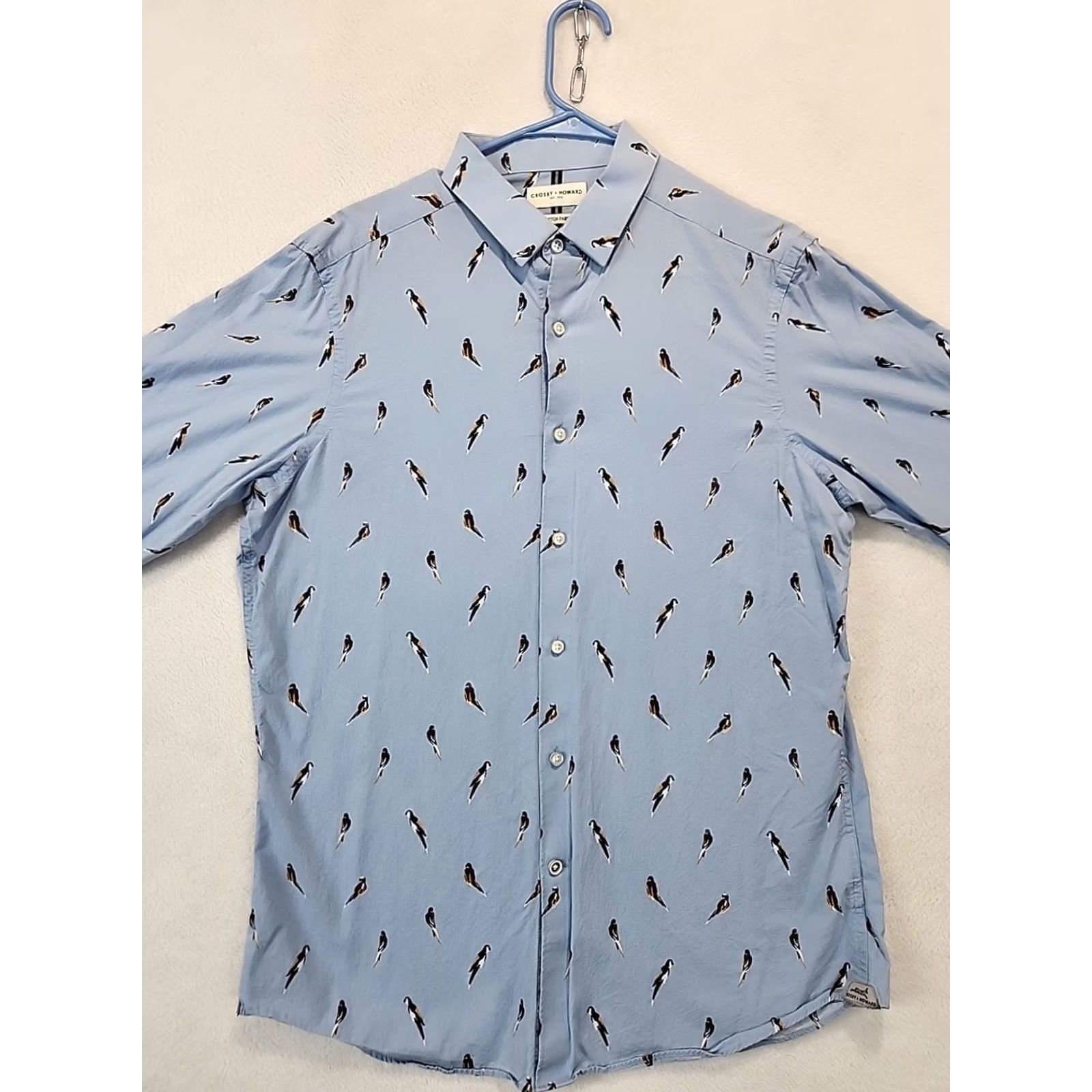 Vintage Crosby & Howard Stretch Light Blue Mens L Button-Down Shirt Bird Parrot Dress LS Slim Cotton Woven Casual Wear Size 42R - 2 Thumbnail