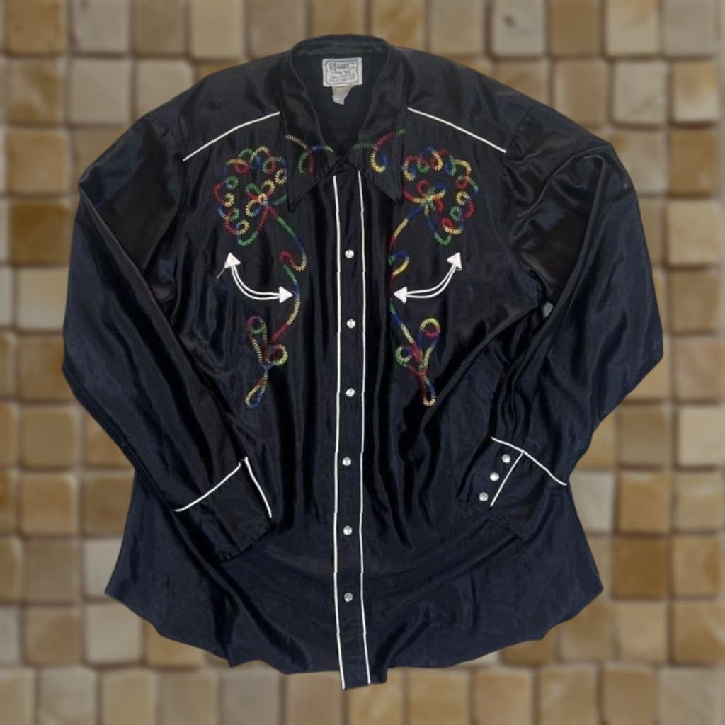 Vintage VINTAGE H Bar C Long Tail California Ranchwear Pearl Snap Long Sleeve Cowboy Western Shirt XL Black Mens Shirt Size US XL / EU 56 / 4 - 1 Thumbnail