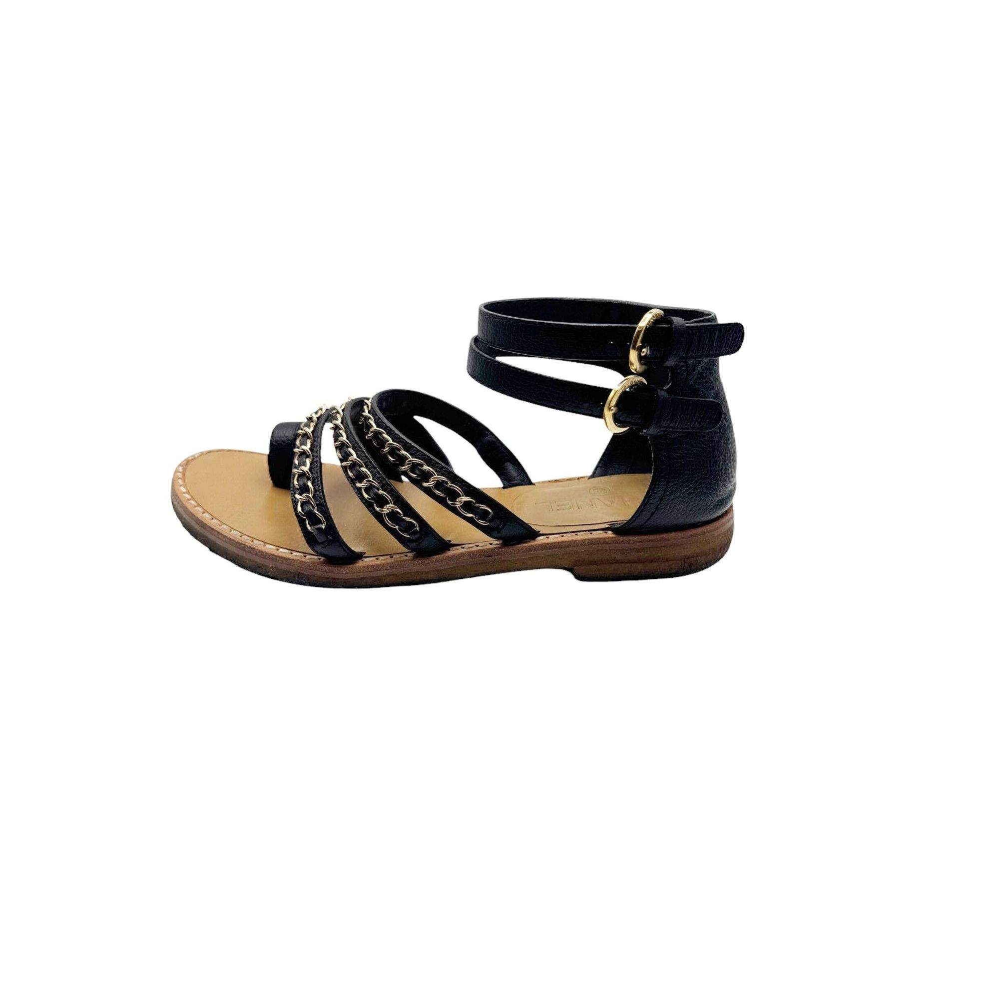 Chanel Chanel SS2016 Sandals Black Leather Chain EU37C Size US 7 / IT 37 - 1 Thumbnail