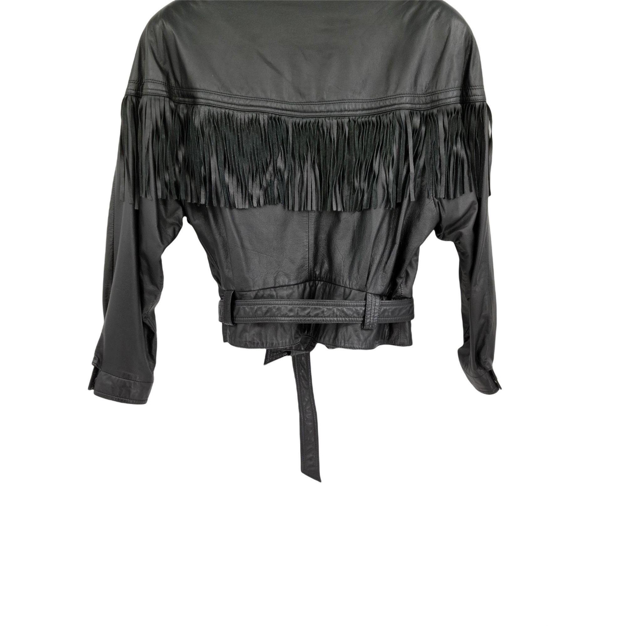 Vintage Vtg 80s G-III Black Fringed Leather Belted Bomber Jacket Sz Size L / US 10 / IT 46 - 8 Thumbnail