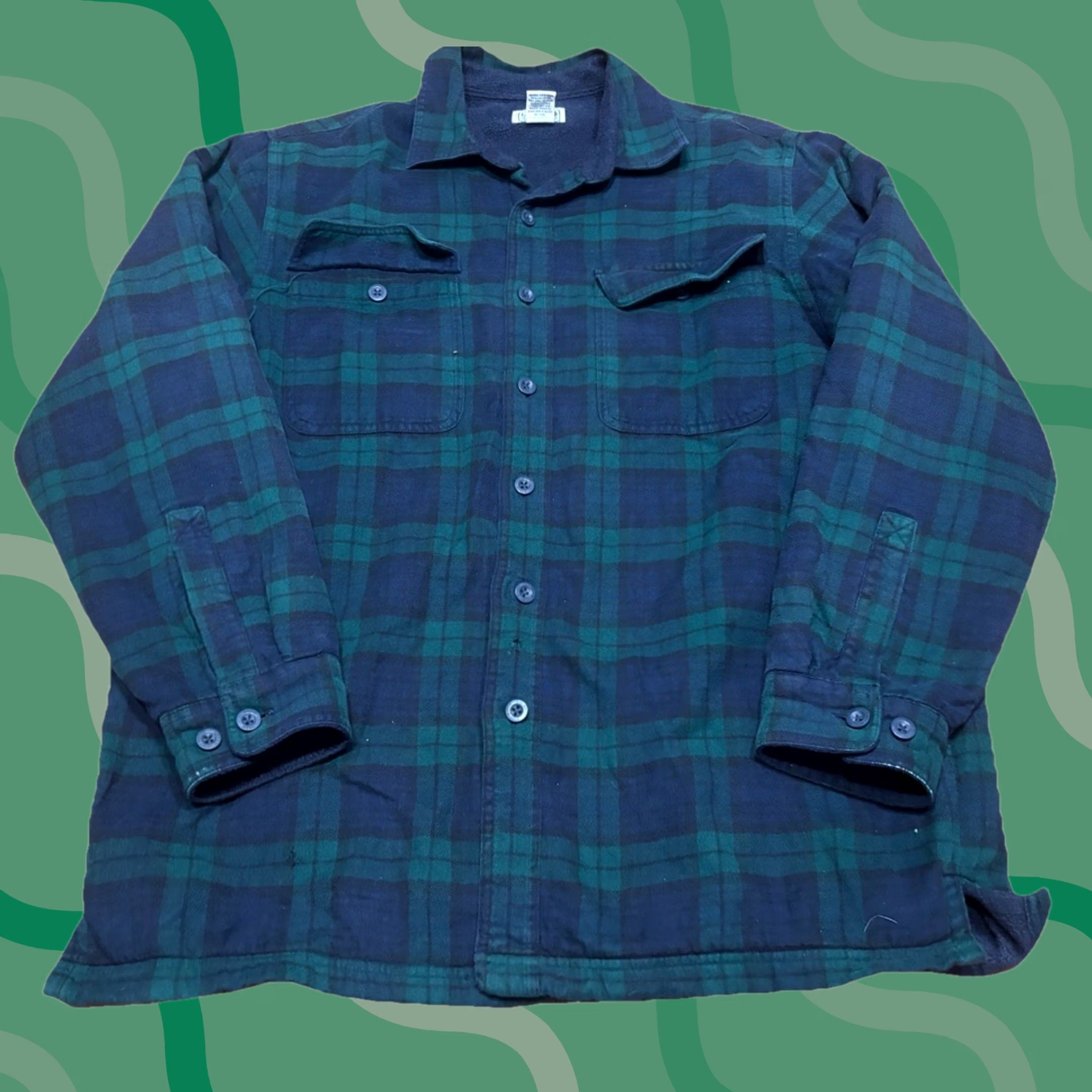 Vintage L.L. Bean Mens Fleece Lined Flannel Shirt Jacket Green Blue Plaid M Reg Button-Up Heavyweight Size US M / EU 48-50 / 2 - 1 Thumbnail