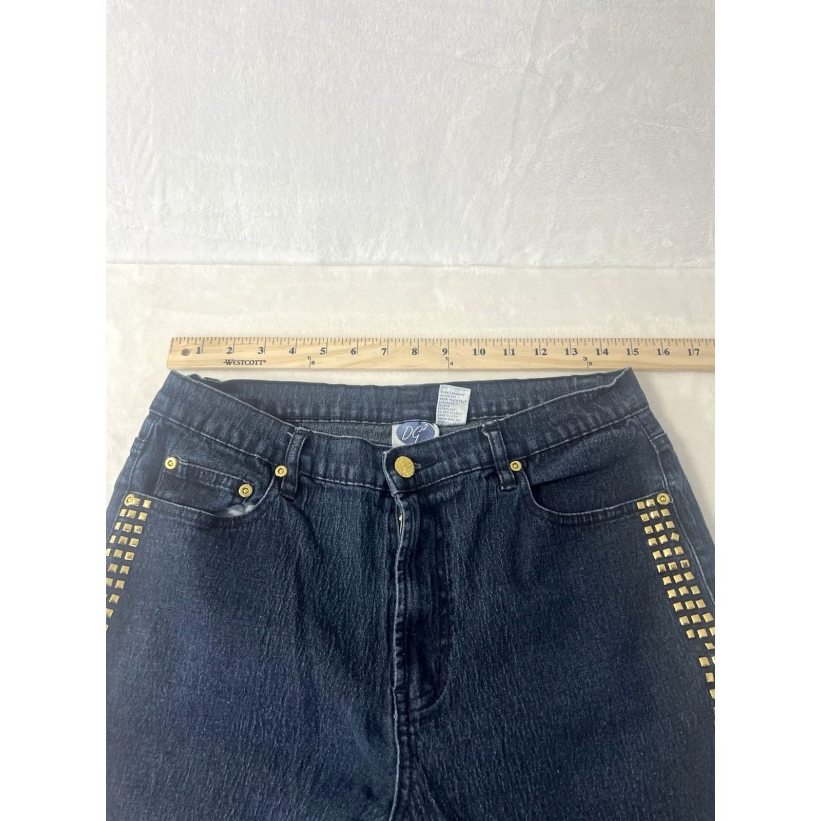 Denime DG2 by Diane Gilman Women's Blue Denim Jeans Dark Wash Gold Stone Size 10 Regular 5-Pocket Tapered Metal Accents Shirt? Size 32" / US 10 / IT 46 - 2 Thumbnail