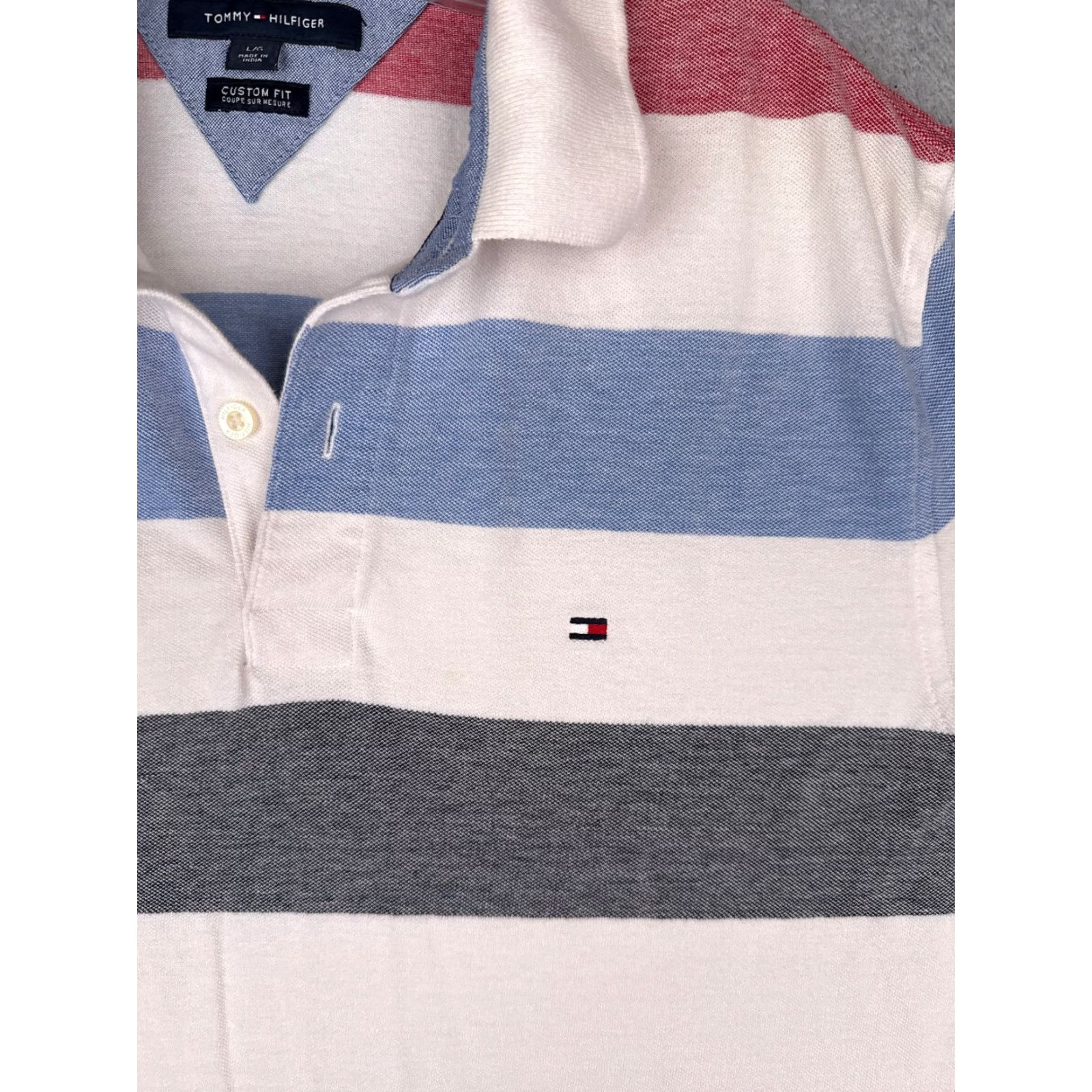 Tommy Hilfiger Tommy Hilfiger Polo Shirt Men Large White Blue Red Stripe Cotton Custom Fit READ Size US L / EU 52-54 / 3 - 6 Thumbnail