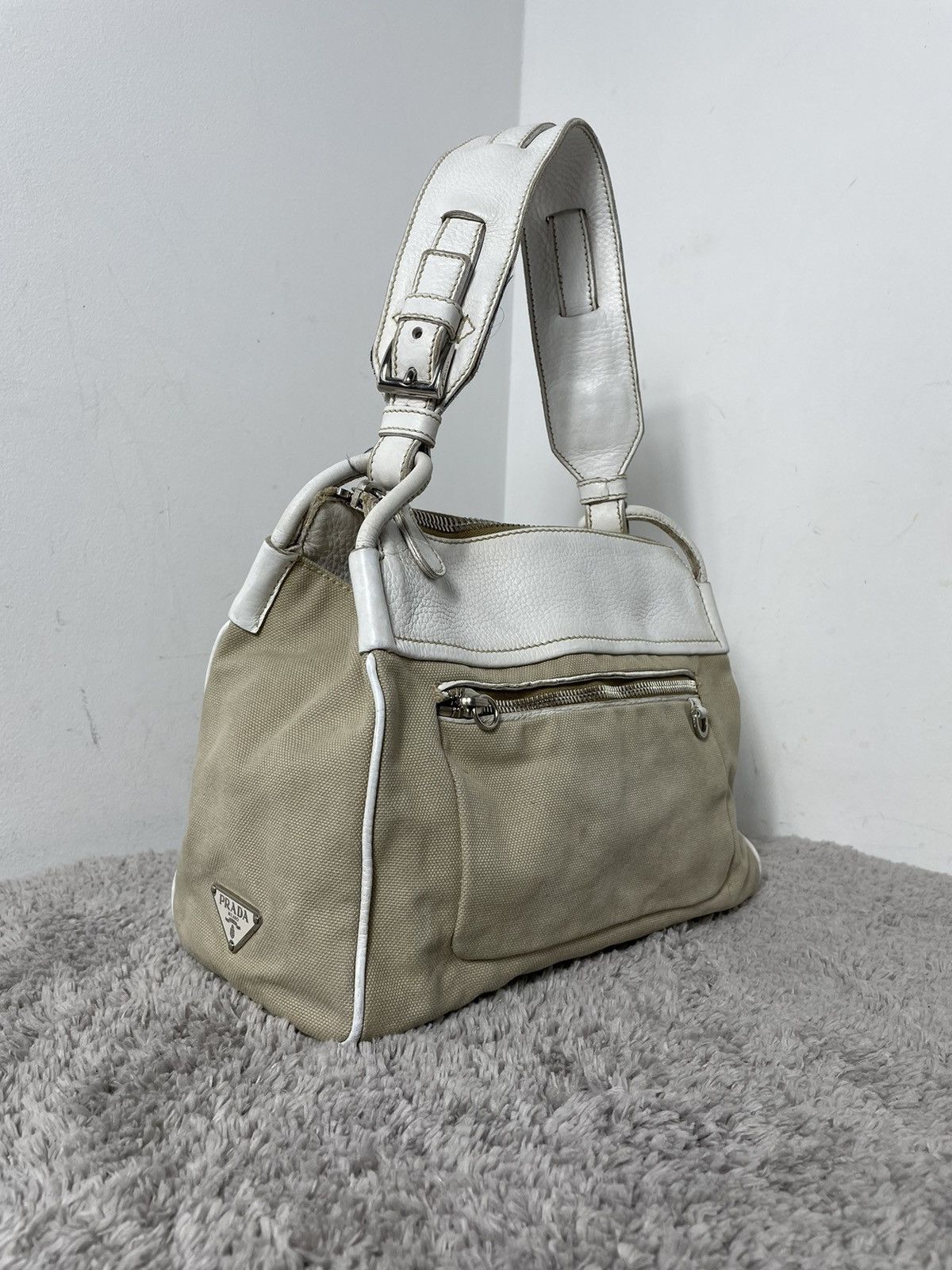 Prada Very Rare Prada Leather CANVAS SHOULDER BAG BEIGE Size ONE SIZE - 7 Thumbnail