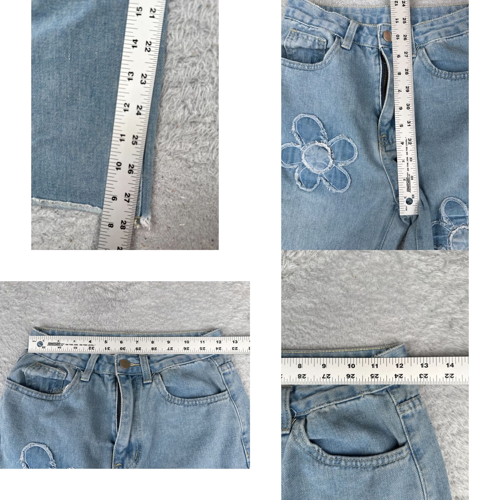 Vintage Women Jeans 25 Blue Denim Wide Leg High Rise Cotton 25x28 Flower Patches Sewn Size 42" / US 20 - 8 Thumbnail