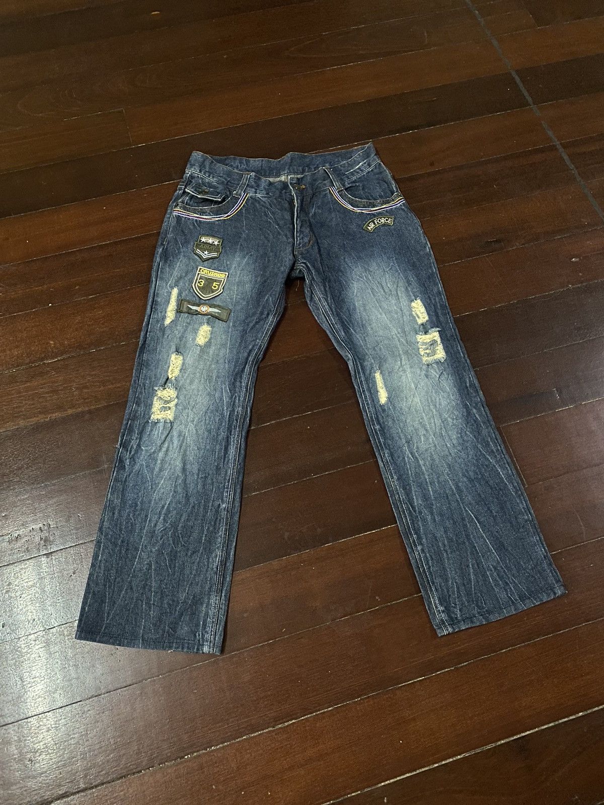 image of Fire Vache Patches Distressed Denim Flare Jeans in Blue, Men's (Size 35)