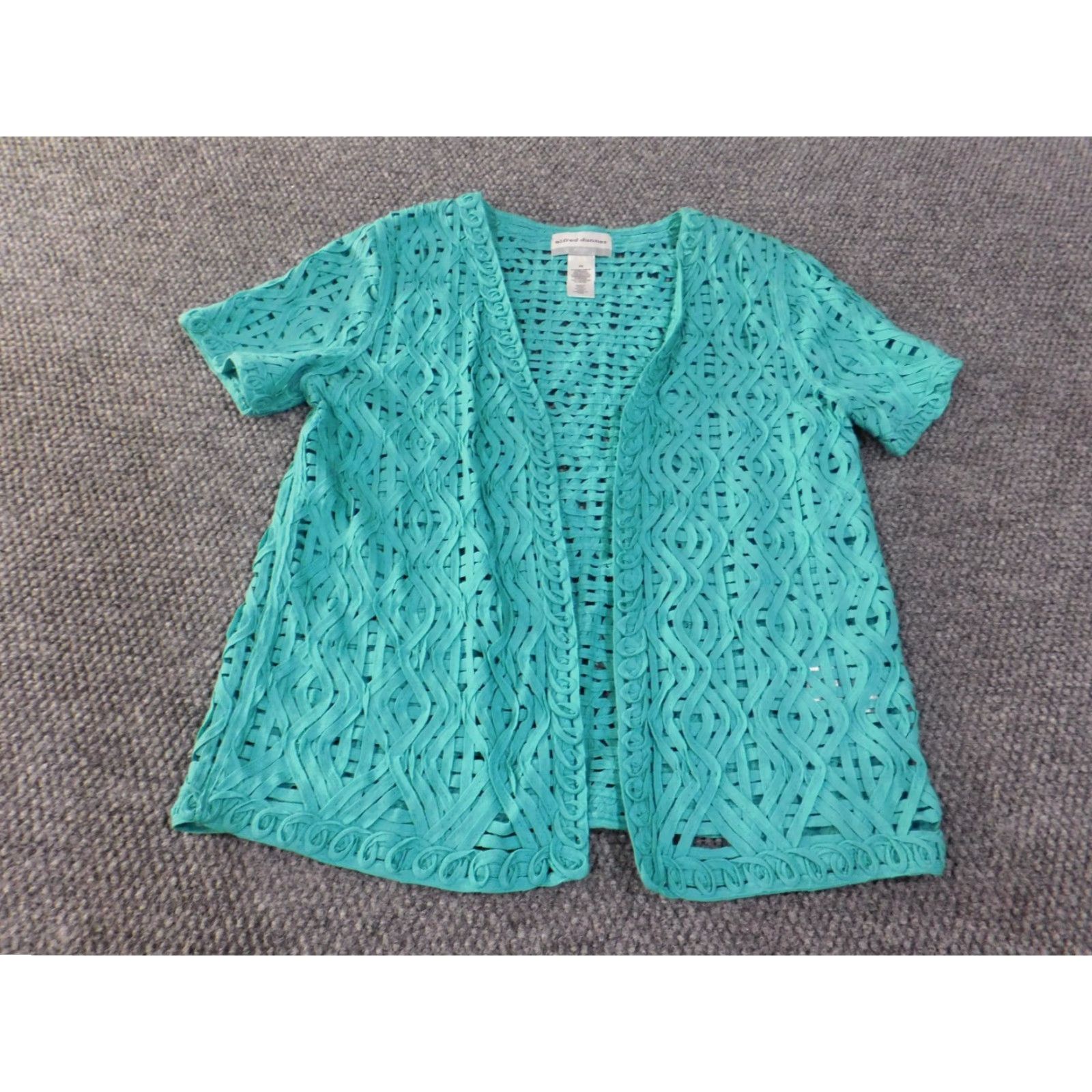 Vintage Alfred Dunner Blouse Shirt Womens Open Cotton Lace Beaded Short Sleeve Round Neck Petites Green Casual Size S / US 4 / IT 40 - 3 Thumbnail