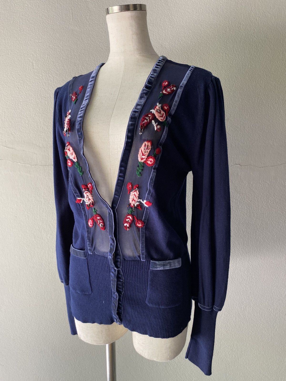 Kenzo KENZO Blue V-Neck Cardigan with Embroidered Trim. Size ONE SIZE - 3 Thumbnail