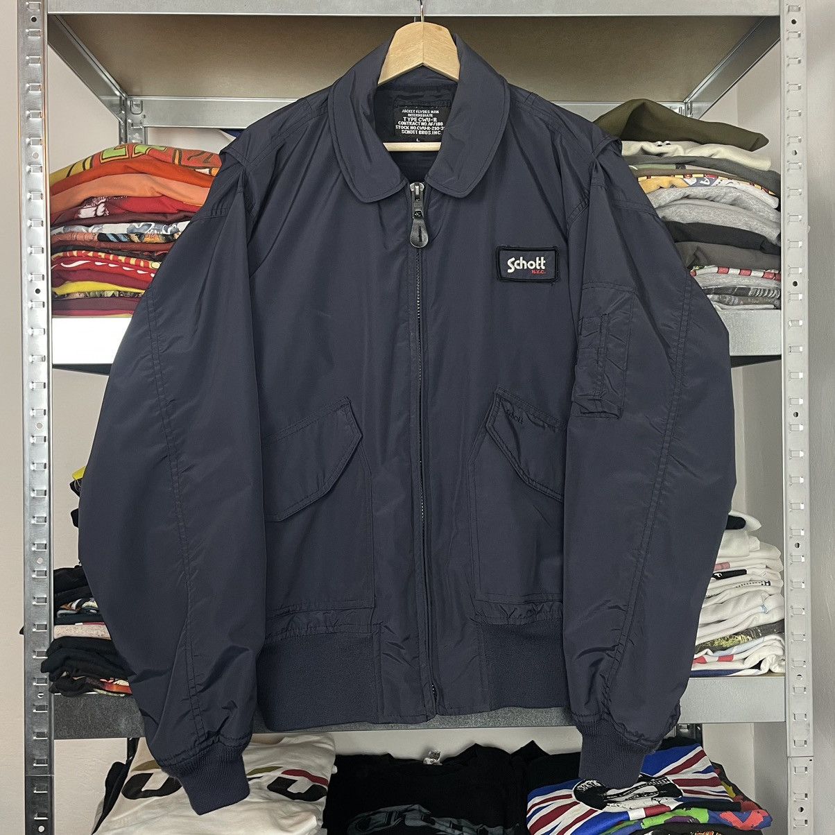 image of Schott Cwu Flight Bomber Jacket Black Military 90's in Black Navy, Men's (Size Large)