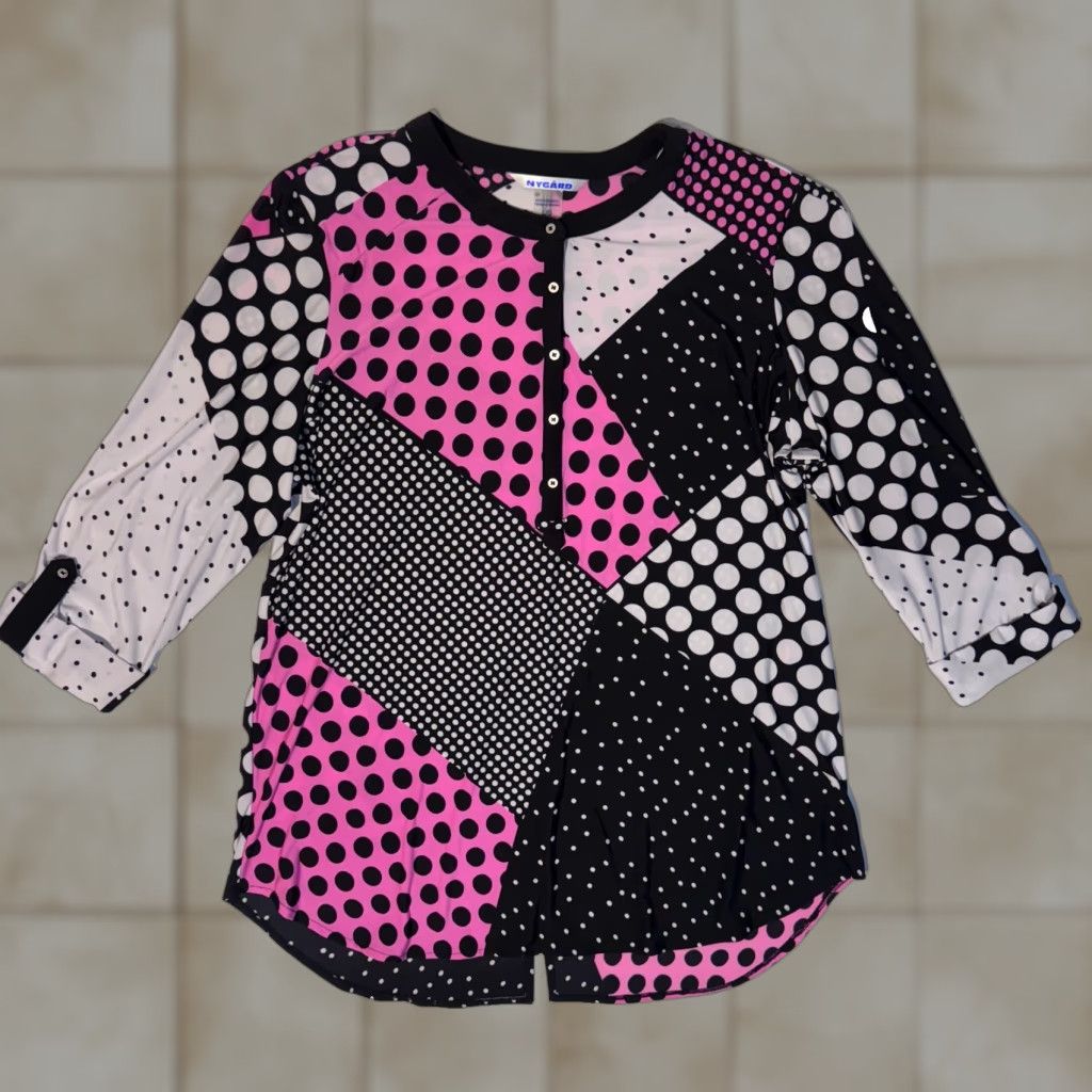 Pinko Nygard Tunic Shirt Women's Polka Dot Button Front 3/4 Sleeve Pink Black White Large L Knit Polyester Elastane Casual Seasonal Size L / US 10 / IT 46 - 1 Thumbnail