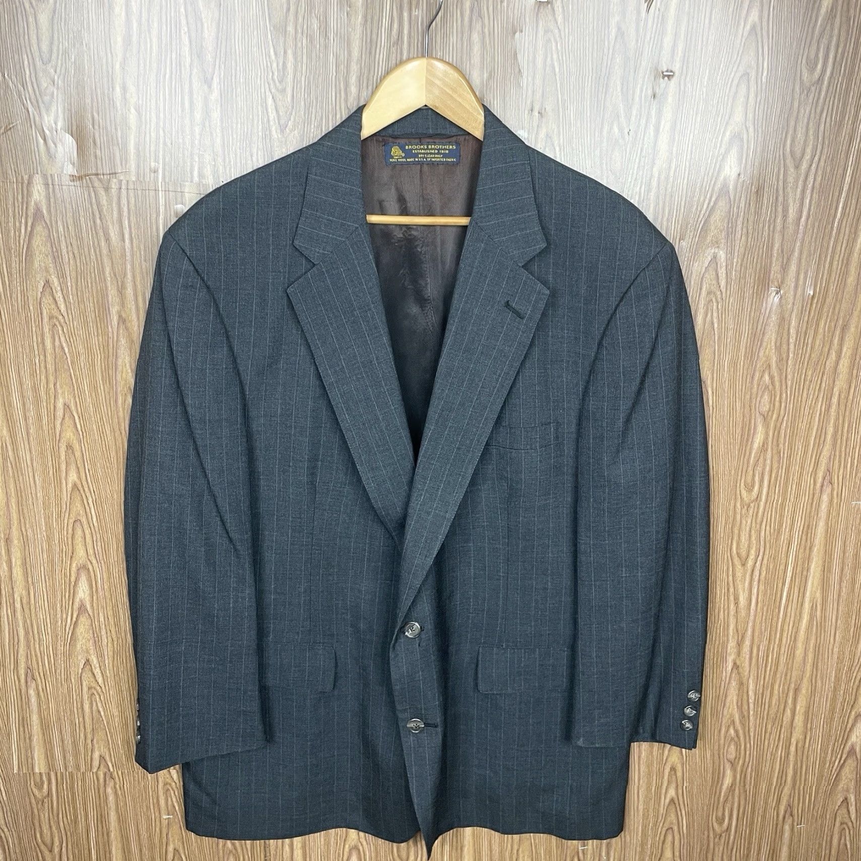 VINTAGE Brooks Brothers Blazer Mens 46R Gray Striped Pure Wool Two Buttons USA Made