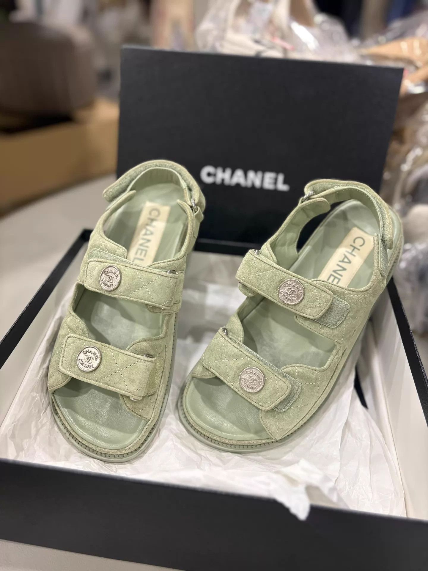 Chanel CHANEL Women's Avocado Suede Velcro Sandals EUR 37 Size US 6.5 / IT 36.5 - 1 Thumbnail