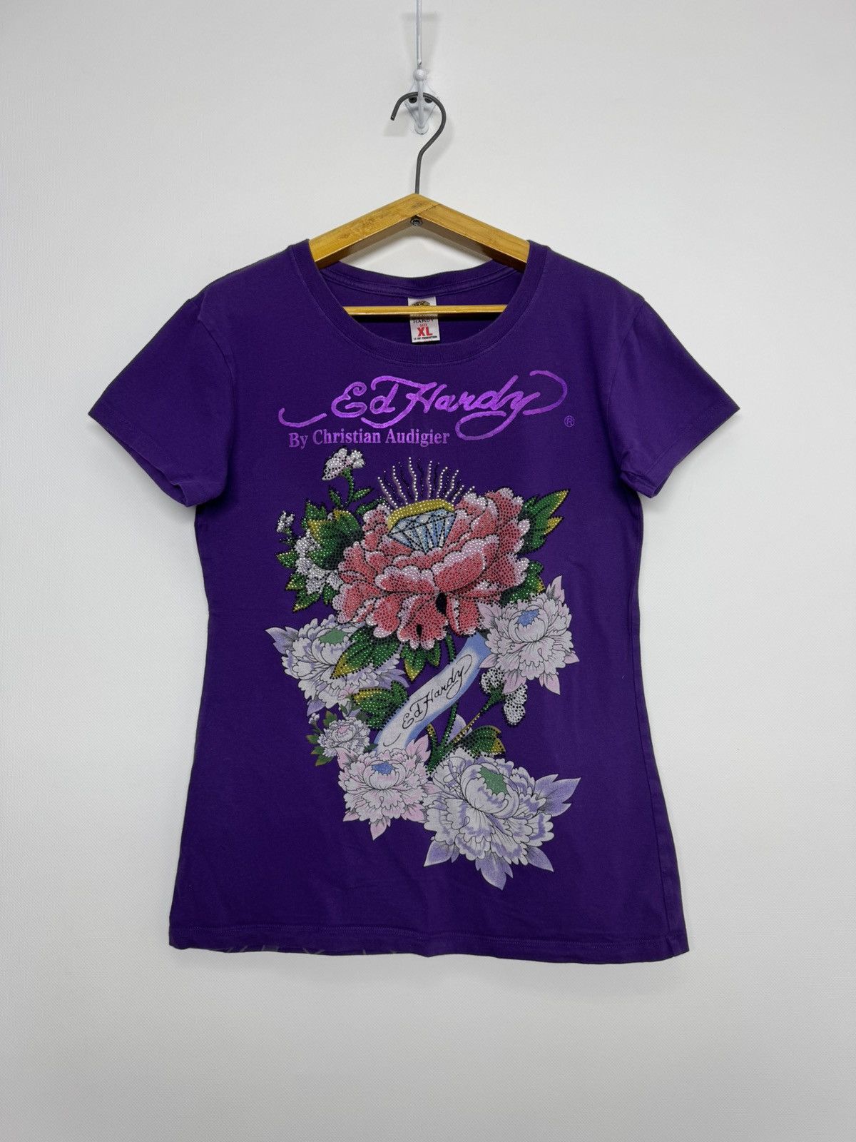 Ed Hardy ED HARDY T Shirt Purple Flower Diamond Rose tattoo shirt top Size XL / US 12-14 / IT 48-50 - 3 Thumbnail