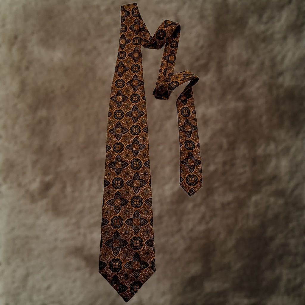 Vintage Kolte Tie Mens One Size Gold Italy Brown Geometric Floral Silk Necktie Size ONE SIZE - 1 Thumbnail