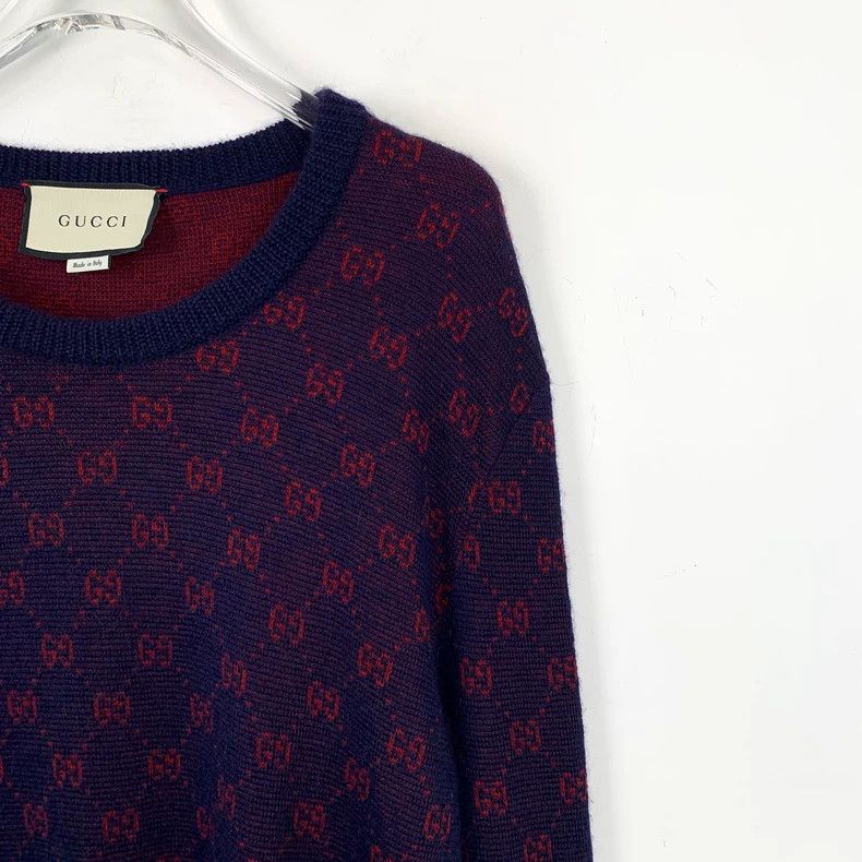 Gucci GucciDark blue logo jacquad full-print wool round-neck long Size US S / EU 44-46 / 1 - 3 Thumbnail