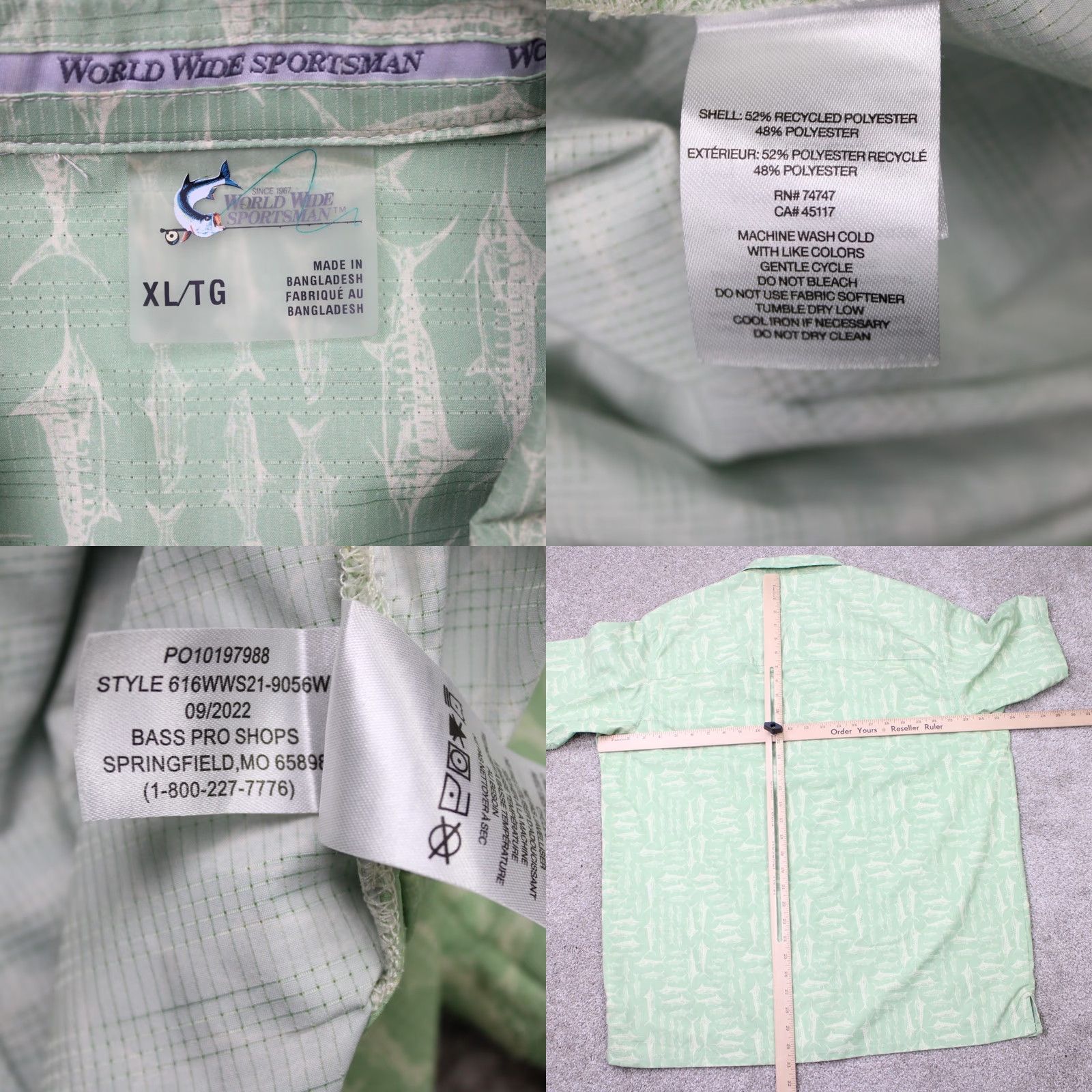 Vintage World Wide Sportsman AOP Shirt Mens XL Green Fish All Over Print Short Sleeve Button-Up Shirt Size US XL / EU 56 / 4 - 8 Thumbnail